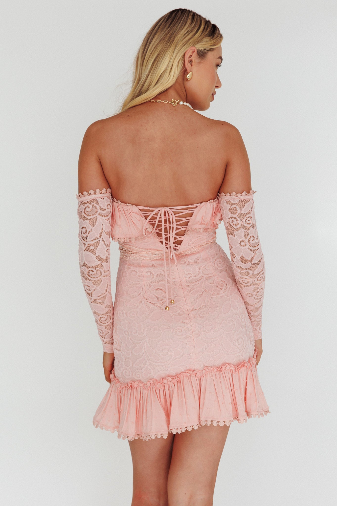 Mae Long Sleeve Sweetheart Crochet Lace Dress Blush by Selfie Leslie