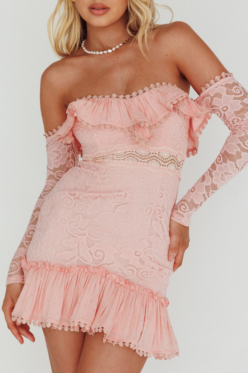 Mae Long Sleeve Sweetheart Crochet Lace Dress Blush by Selfie Leslie