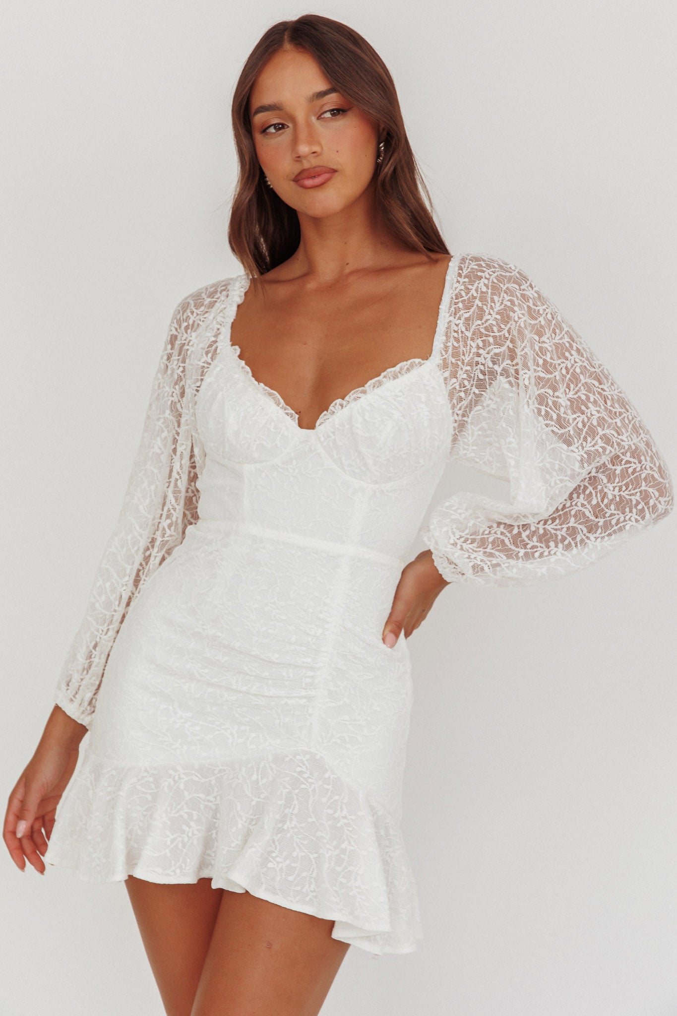 Shop the Halley Balloon Sleeve Frill Bust Flounce Hem Lace Dress White