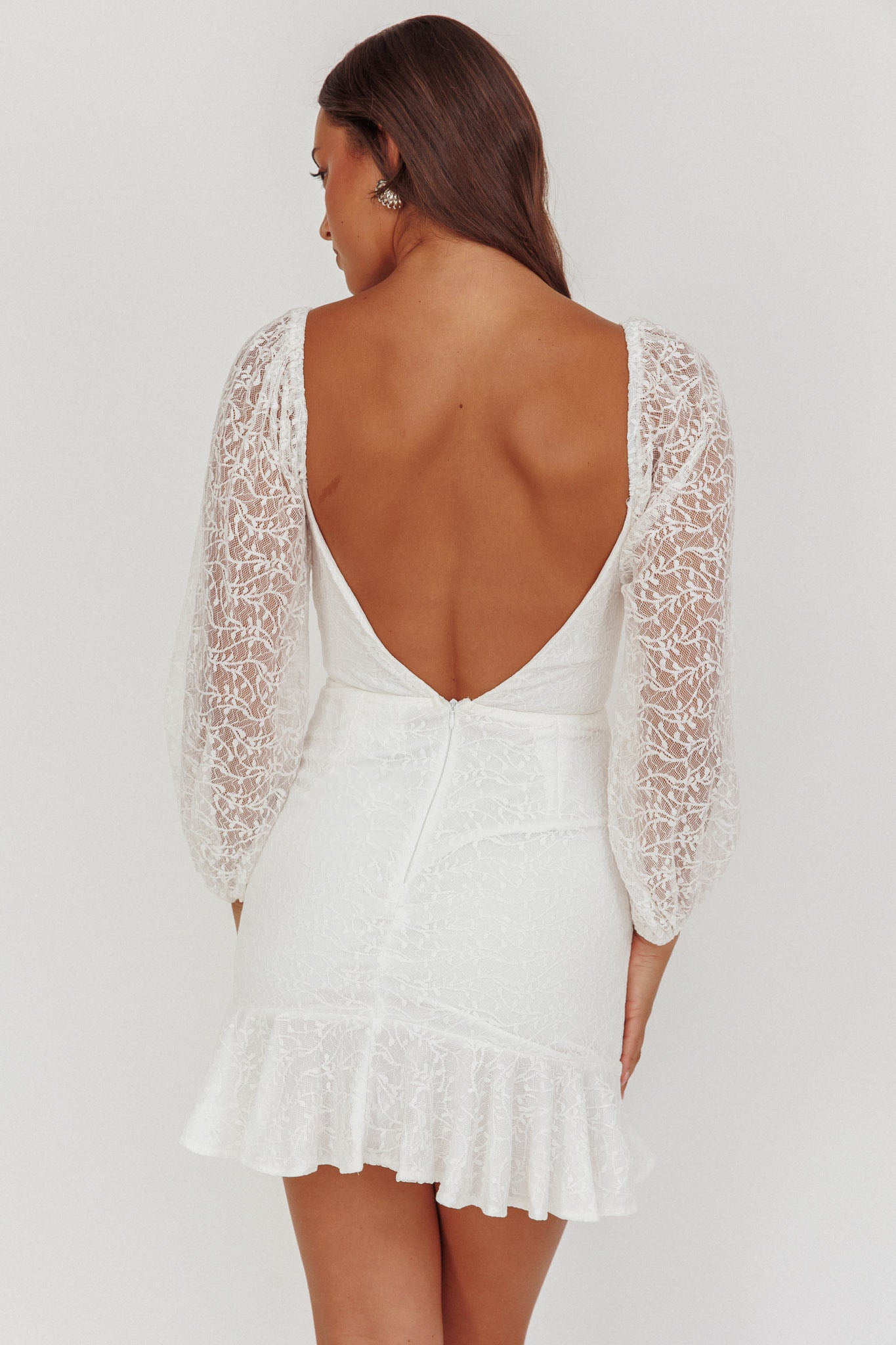 Halley Balloon Sleeve Frill Bust Flounce Hem Lace Dress White by Selfie Leslie