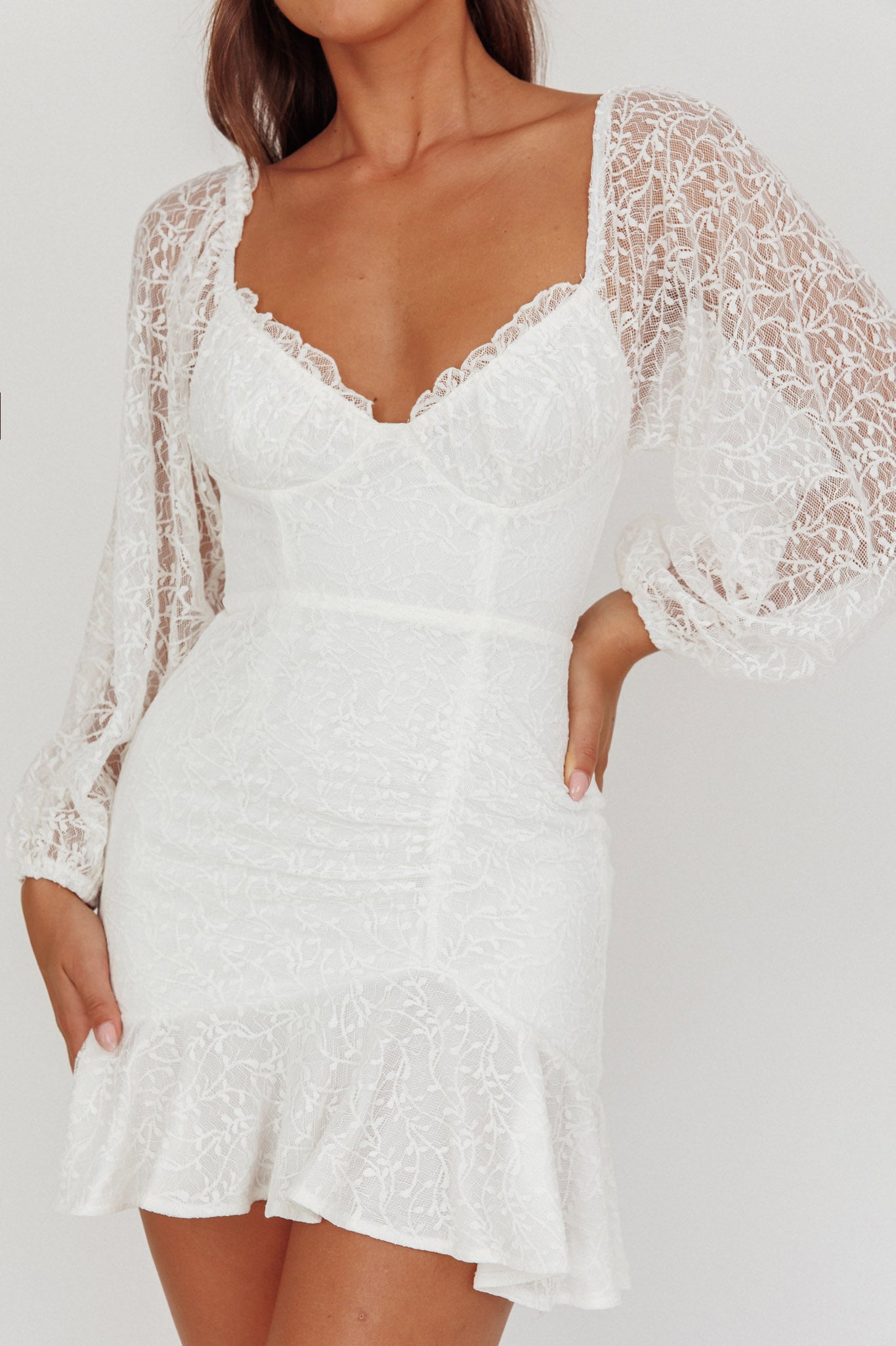 Halley Balloon Sleeve Frill Bust Flounce Hem Lace Dress White by Selfie Leslie