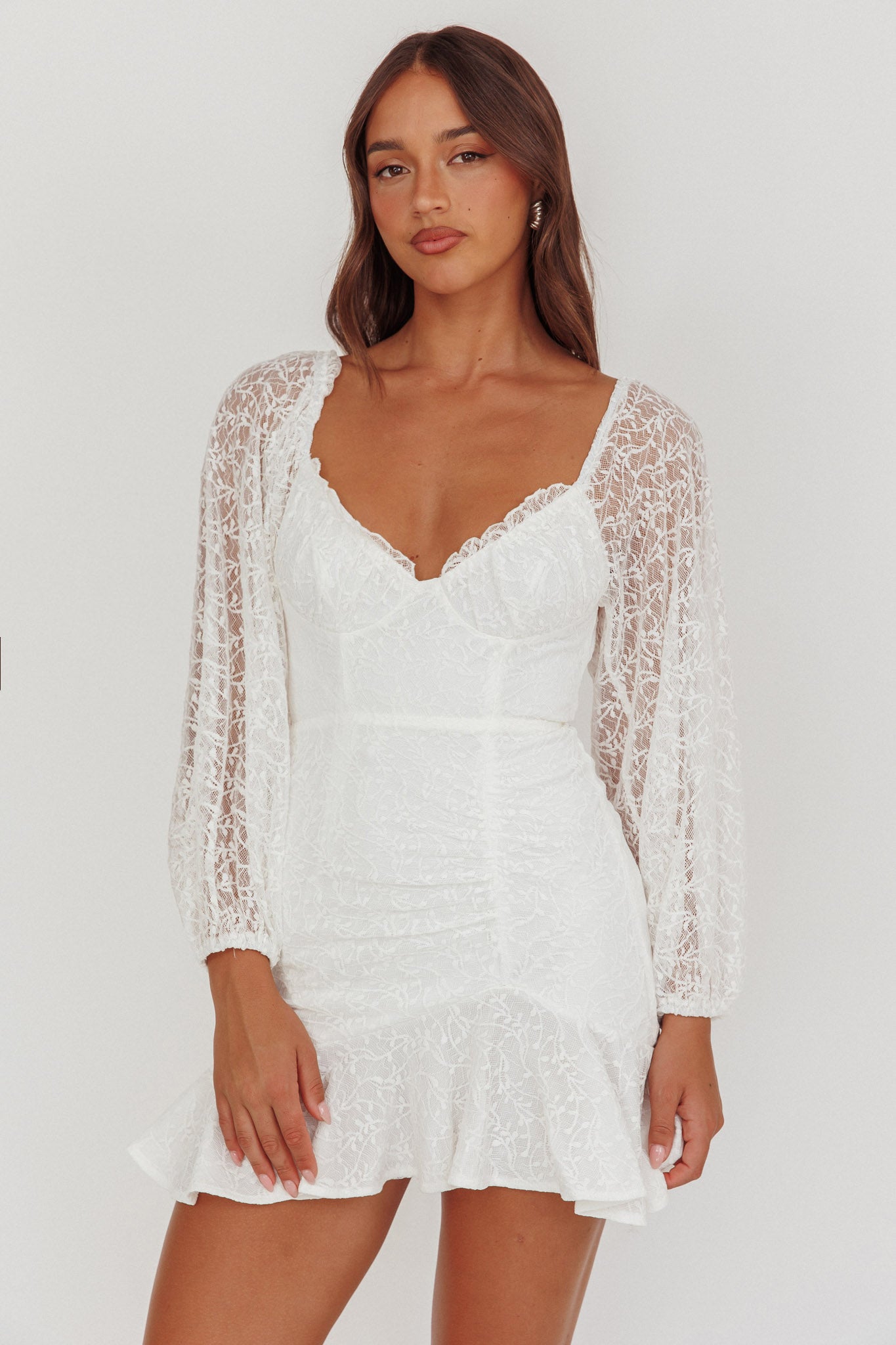 Halley Balloon Sleeve Frill Bust Flounce Hem Lace Dress White - XS Halley Balloon Sleeve Frill Bust Flounce Hem Lace Dress White - XS
