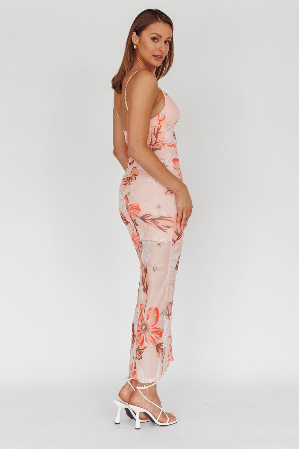 Lake Como Fitted Bodice Side Split Dress Floral Pink by Selfie Leslie