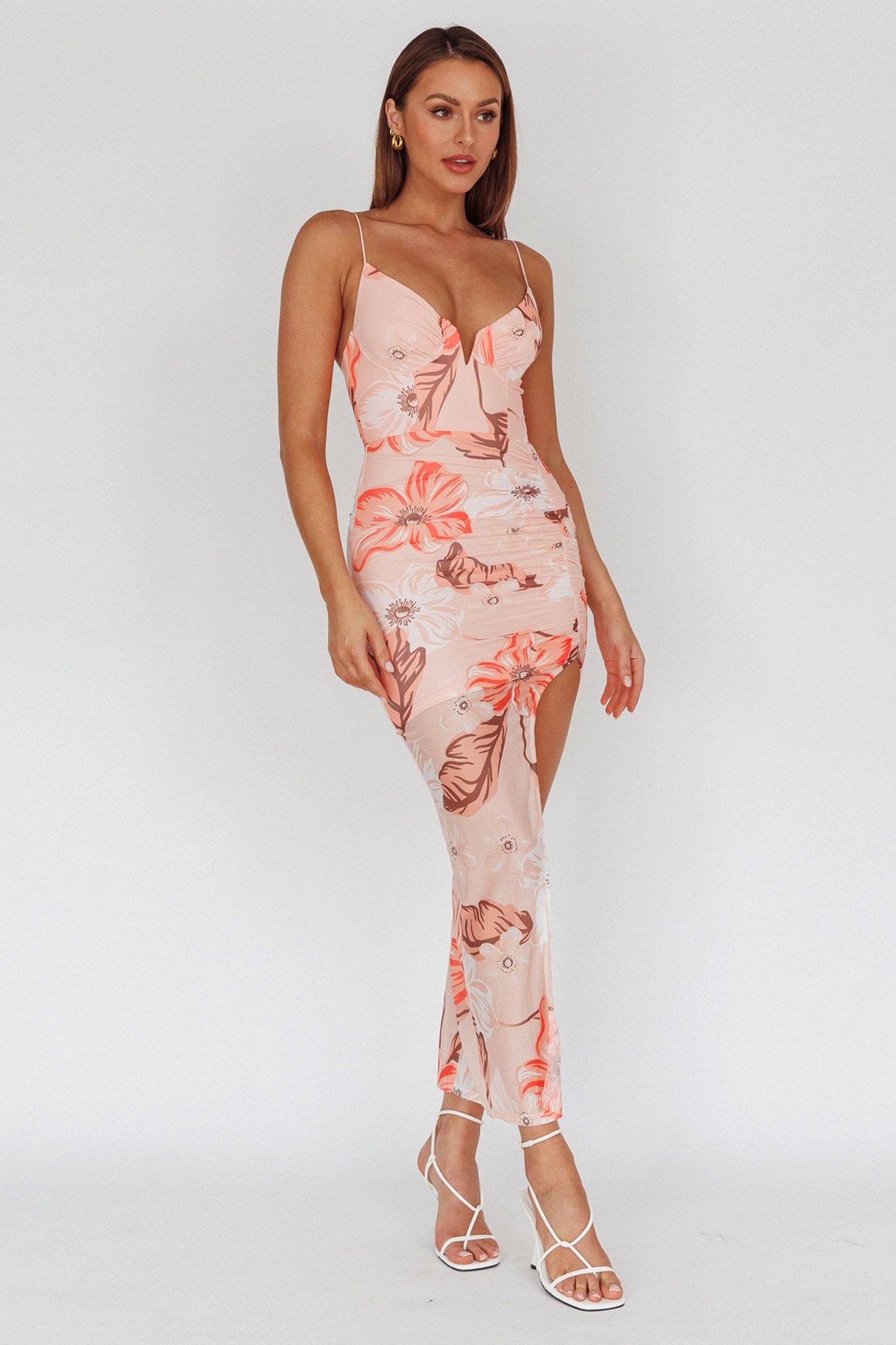 Lake Como Fitted Bodice Side Split Dress Floral Pink by Selfie Leslie