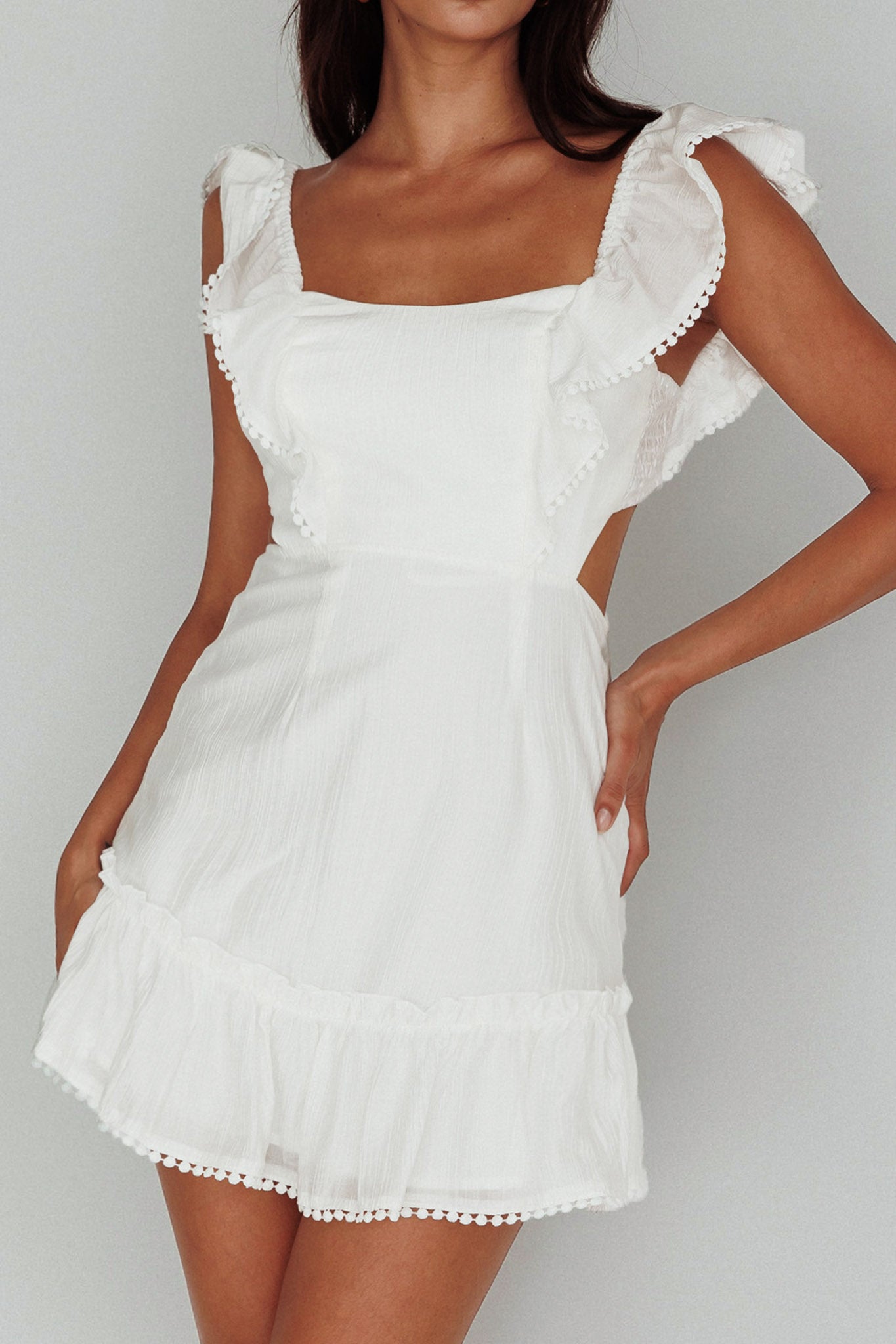 Porcia Tied Back Frill Dress White | Selfie Leslie