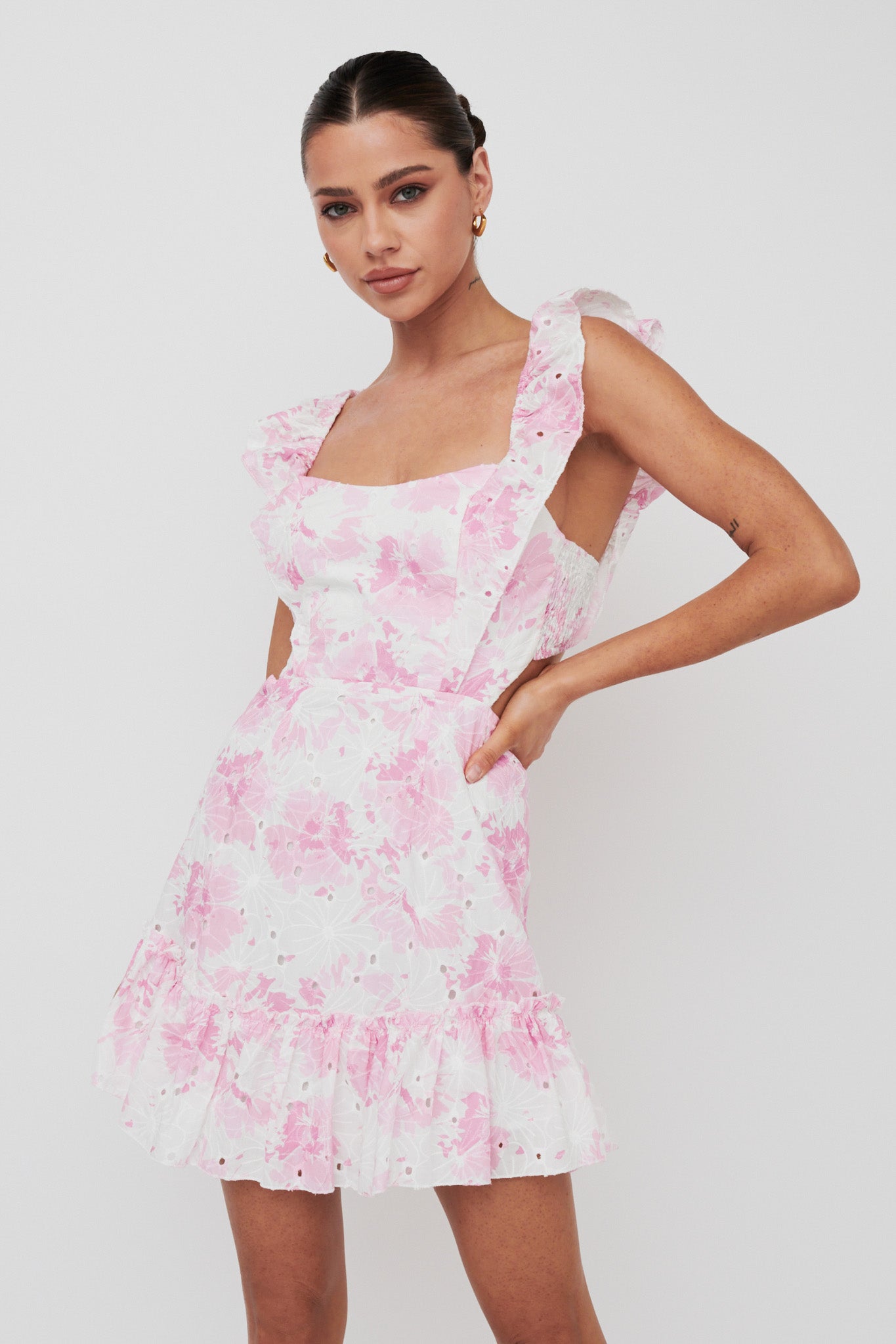 Porcia Tied Back Frill Dress Floral Pink by Selfie Leslie