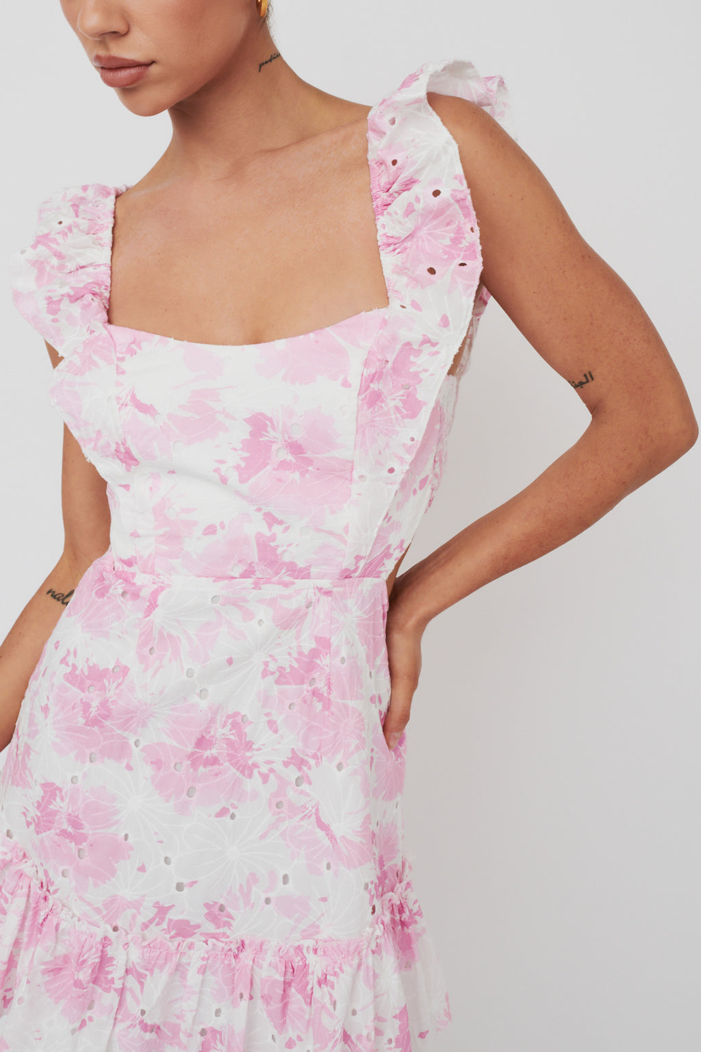 Porcia Tied Back Frill Dress Floral Pink by Selfie Leslie