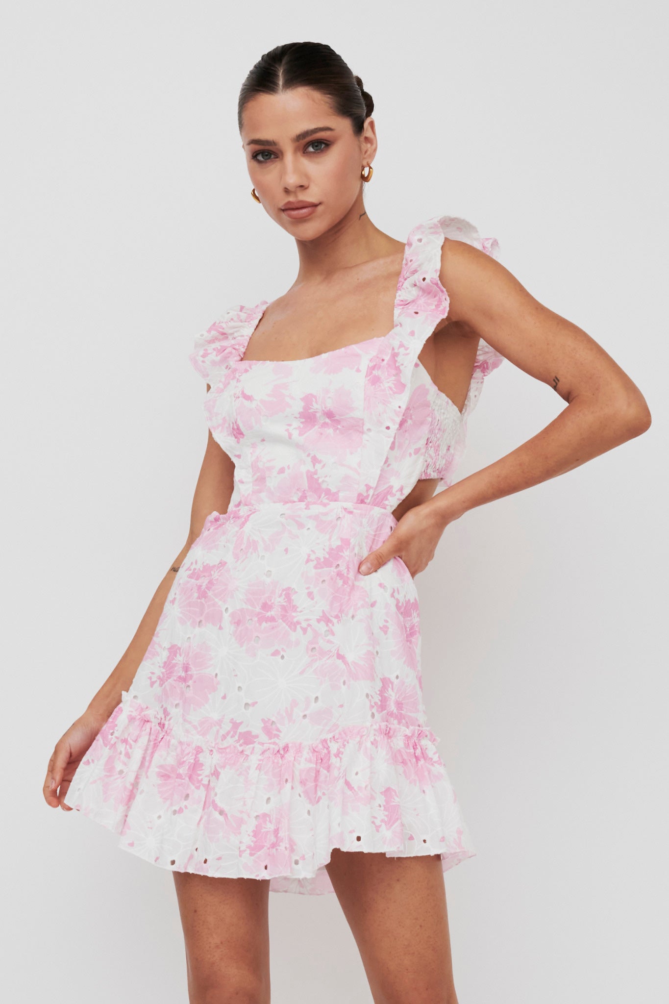 Porcia Tied Back Frill Dress Floral Pink by Selfie Leslie