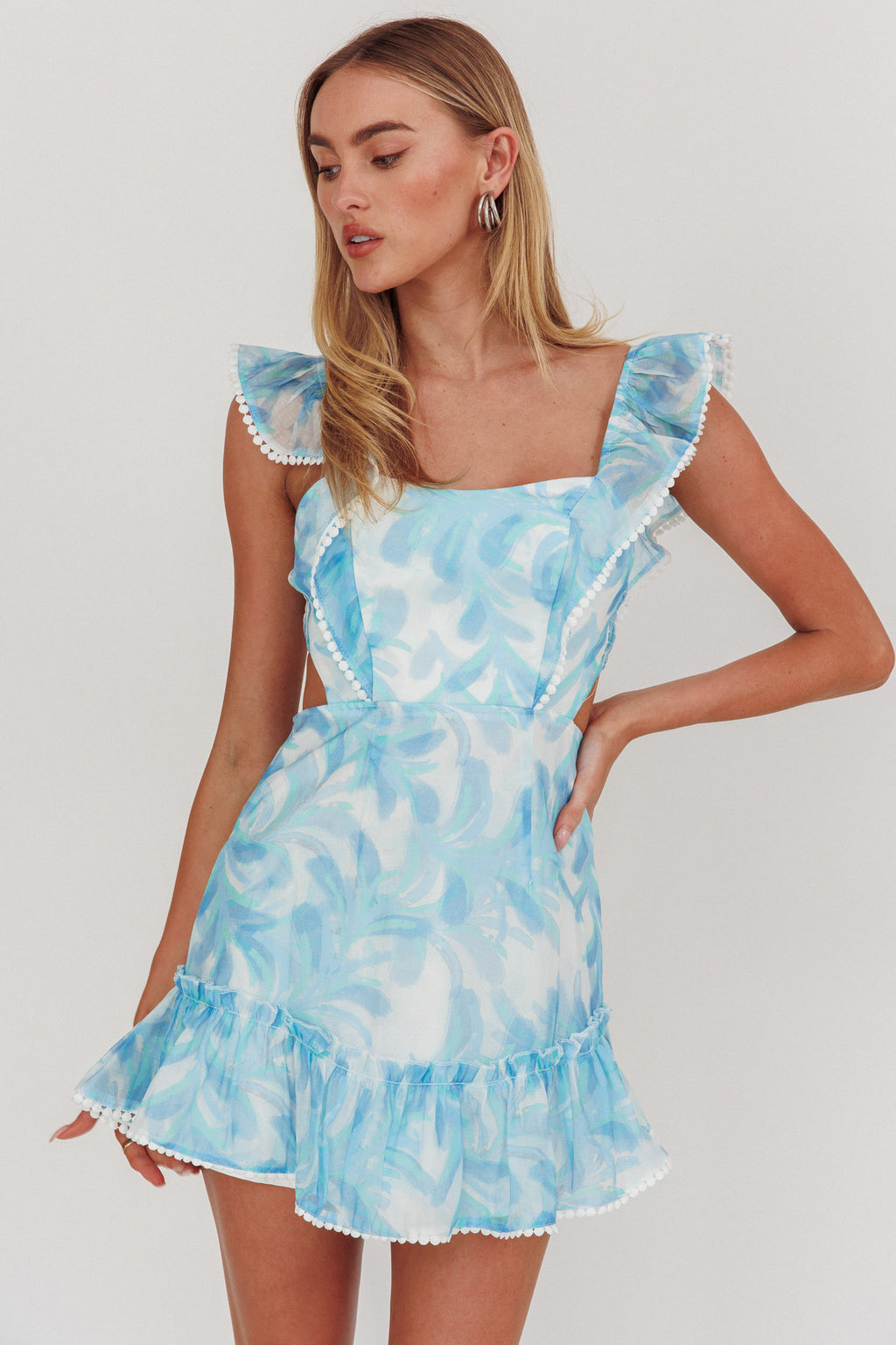 Porcia Tied Back Frill Dress Leaves Blues by Selfie Leslie