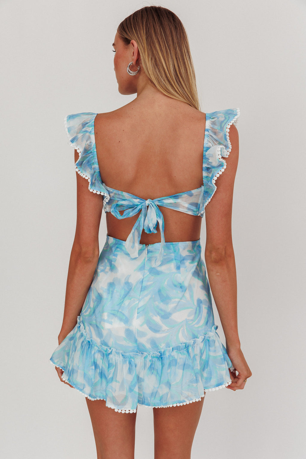 Porcia Tied Back Frill Dress Leaves Blues by Selfie Leslie