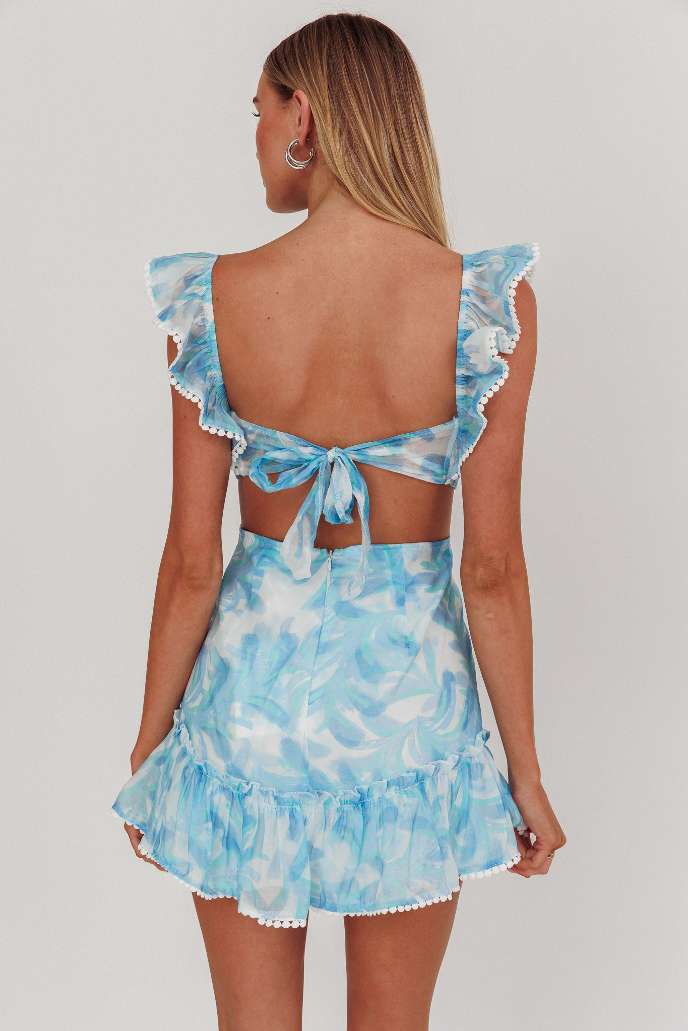 Porcia Tied Back Frill Dress Leaves Blues by Selfie Leslie