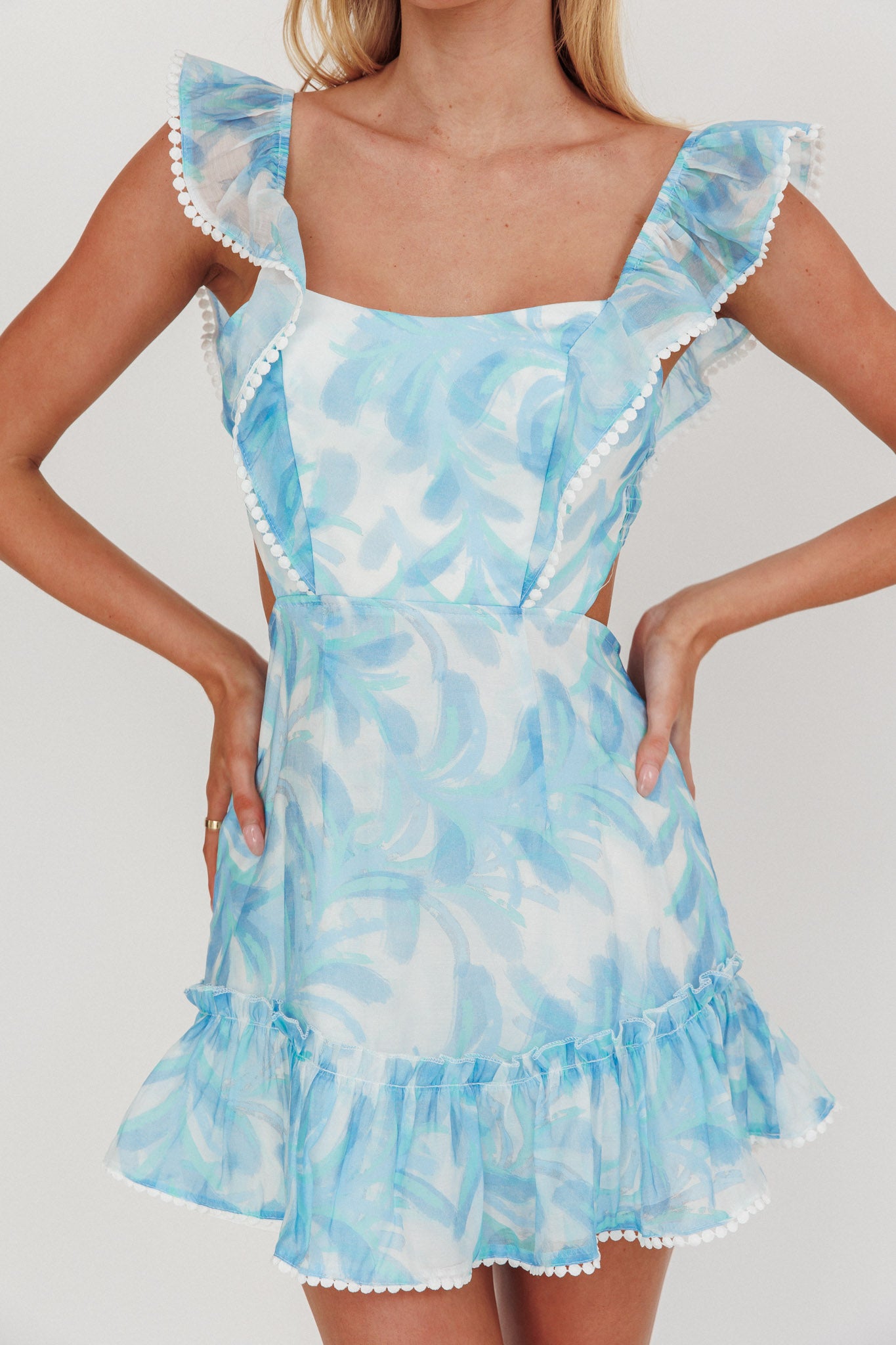 Porcia Tied Back Frill Dress Leaves Blues by Selfie Leslie