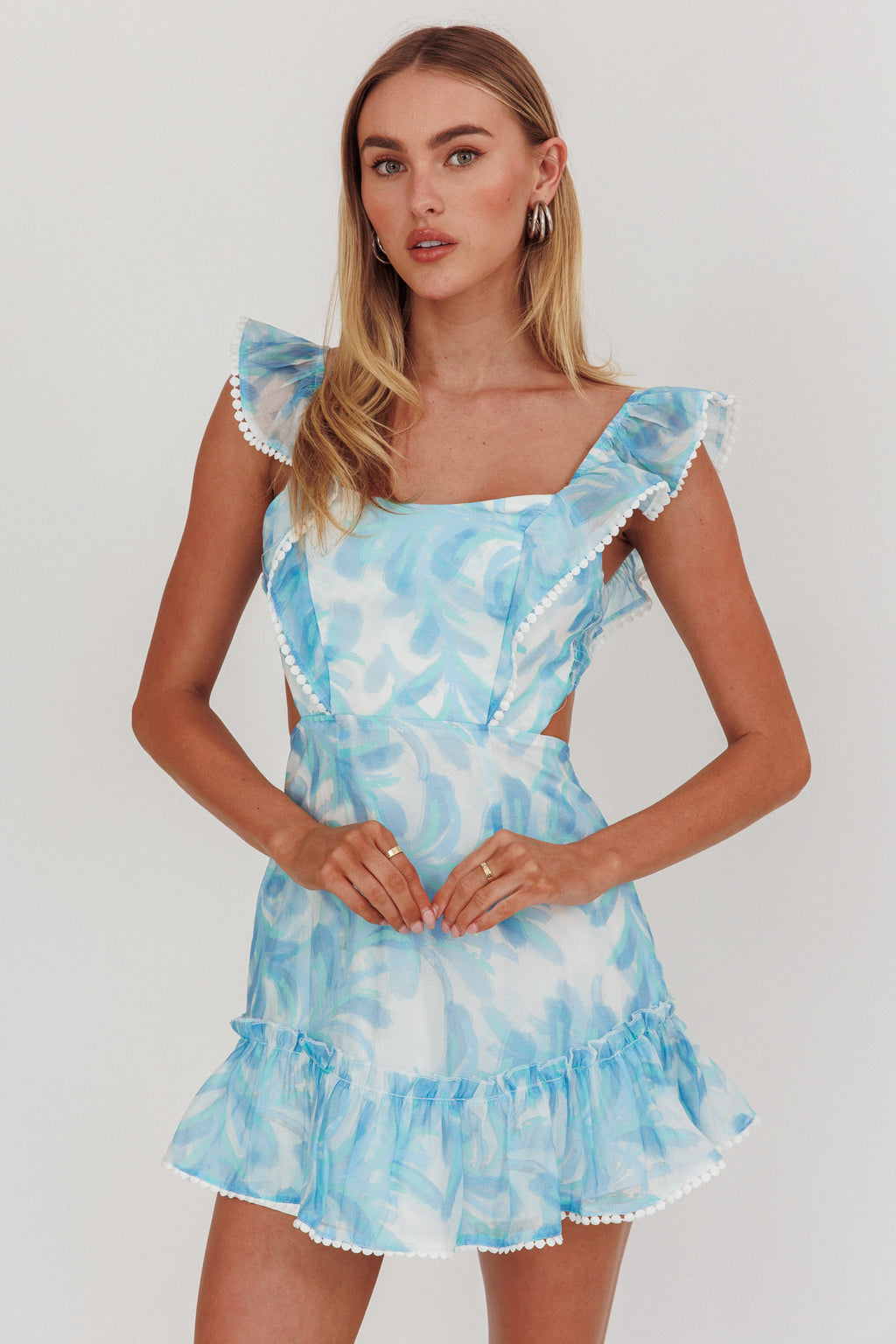 Porcia Tied Back Frill Dress Leaves Blues by Selfie Leslie