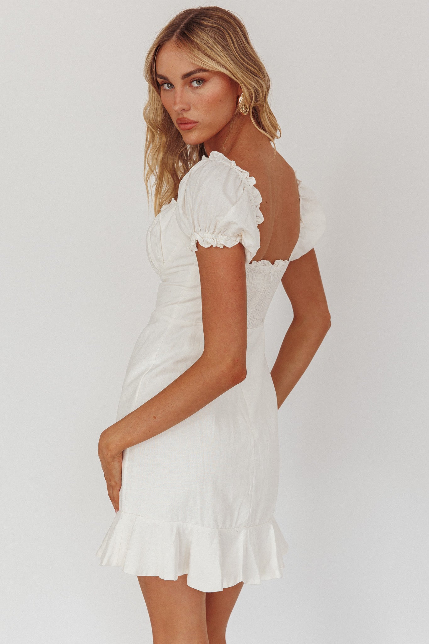 white ruched dress with sleeves Bebe Women's Blouson Sleeve Ruched Midi Dress
