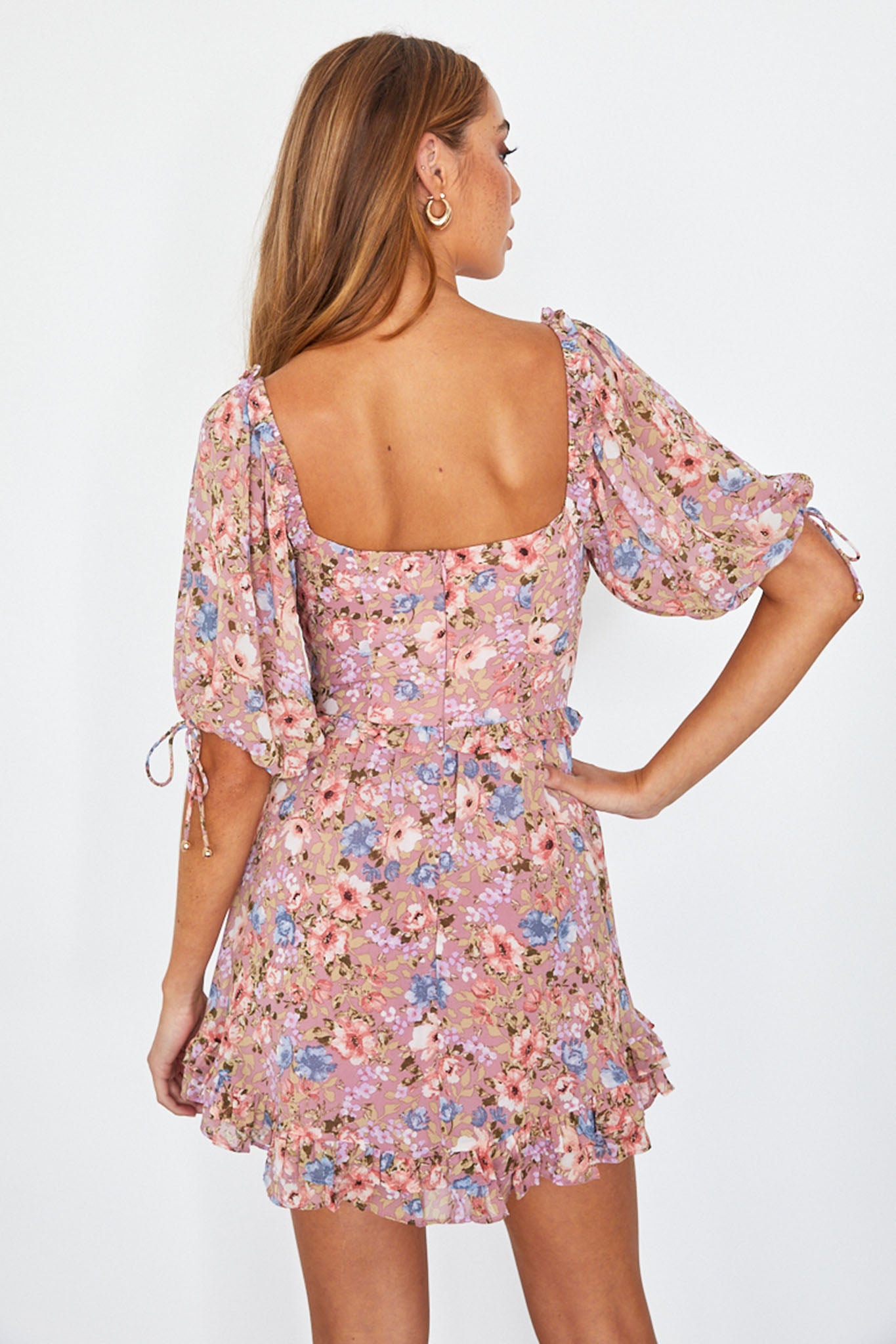 ruched bodice puff sleeve mini dress Kirra Puff Sleeve Ruched Bodice Dress Floral Pink