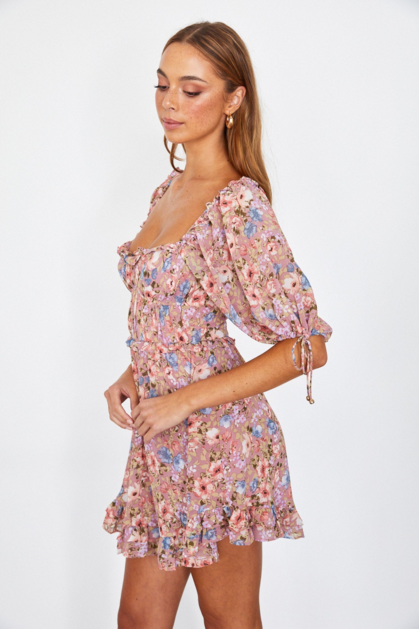 Kirra Puff Sleeve Ruched Bodice Dress Floral Pink by Selfie Leslie