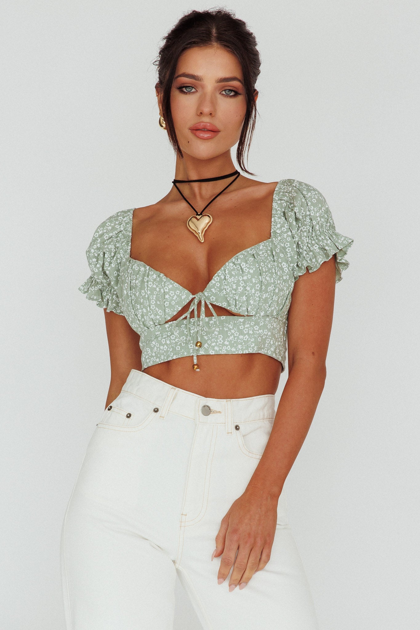 Sweet Romance Sweetheart Neckline Crop Top Floral Sage by Selfie Leslie