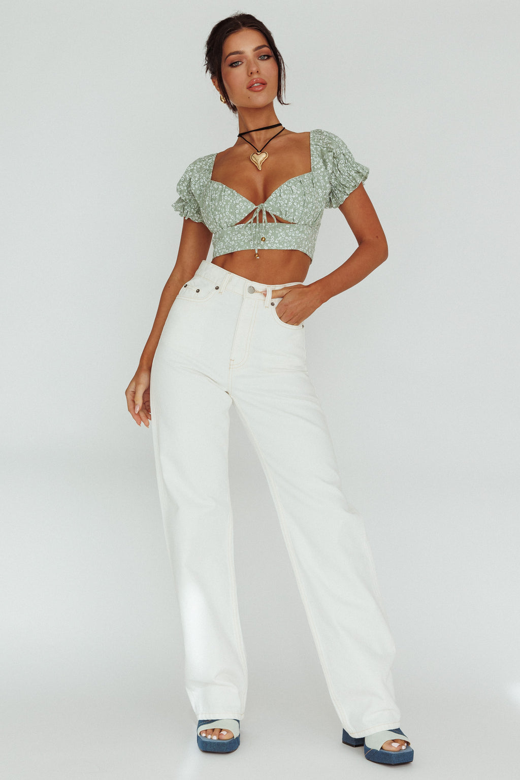 Sweet Romance Sweetheart Neckline Crop Top Floral Sage by Selfie Leslie