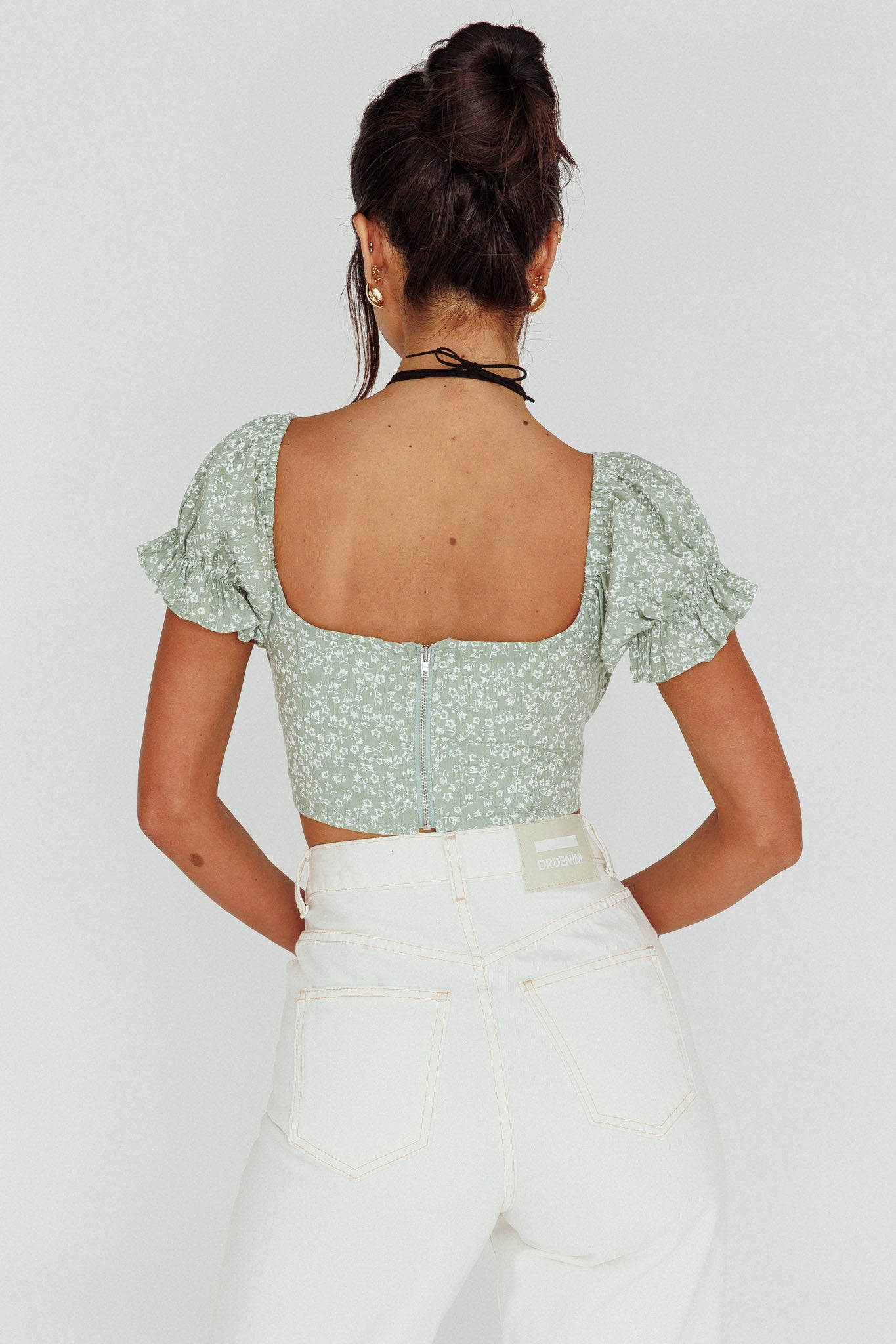 Sweet Romance Sweetheart Neckline Crop Top Floral Sage by Selfie Leslie