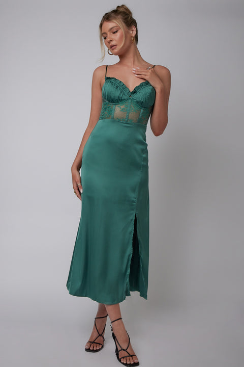Trophy Lace Bodice Midi Dress Emerald - XS