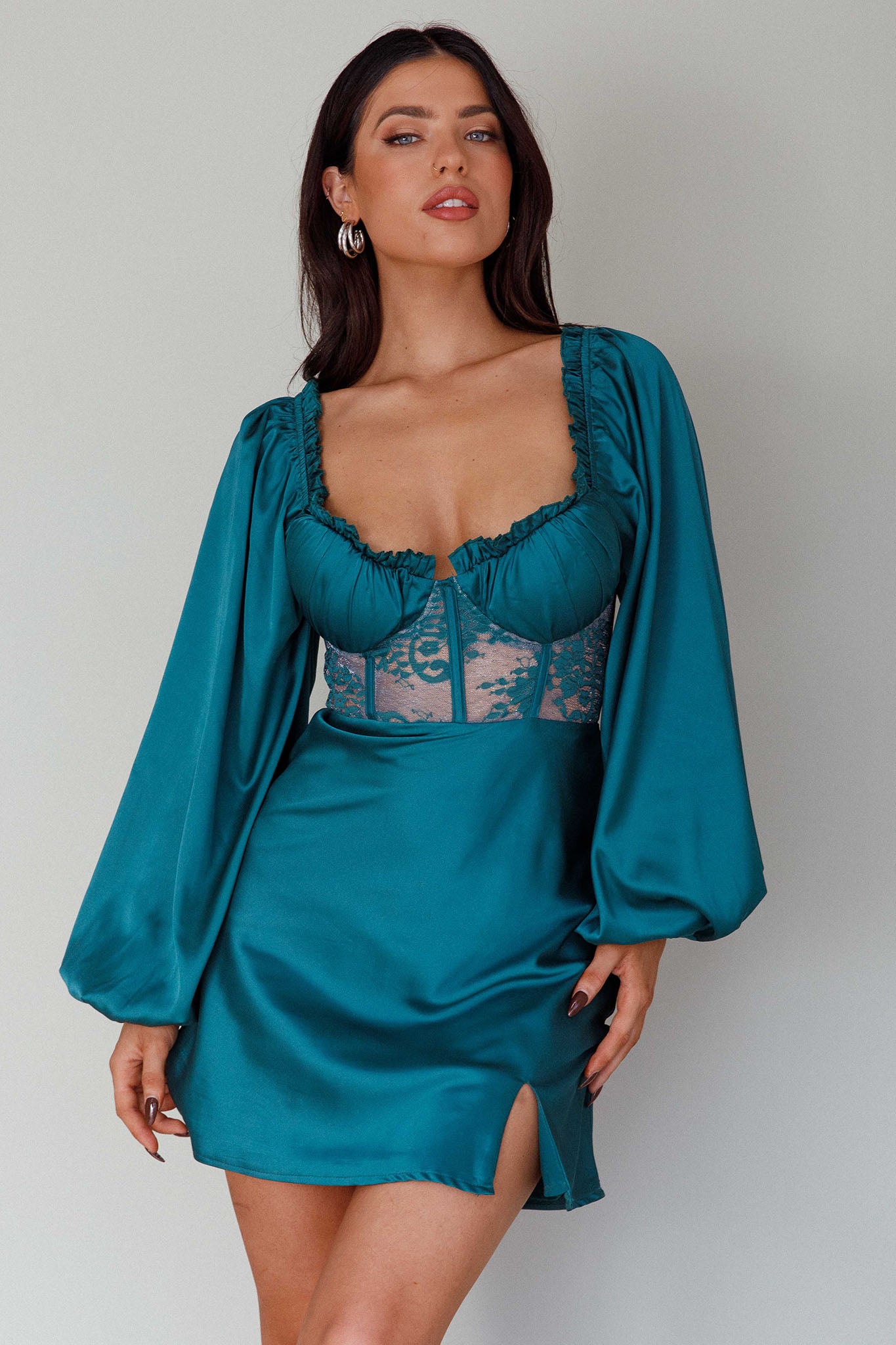 Trophy Long Sleeve Lace Bodice Midi Dress Forest Green by Selfie Leslie