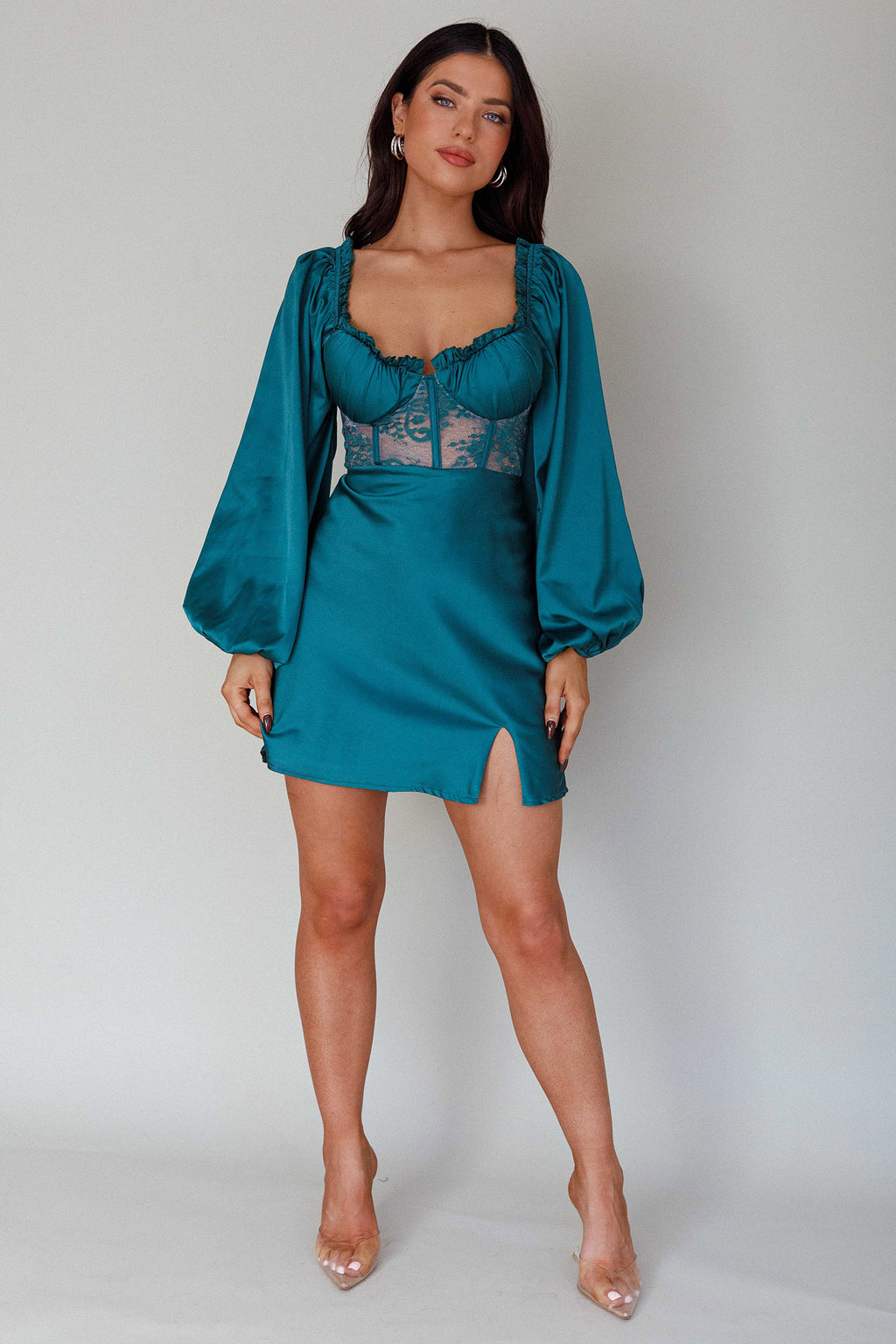 Trophy Long Sleeve Lace Bodice Midi Dress Forest Green by Selfie Leslie