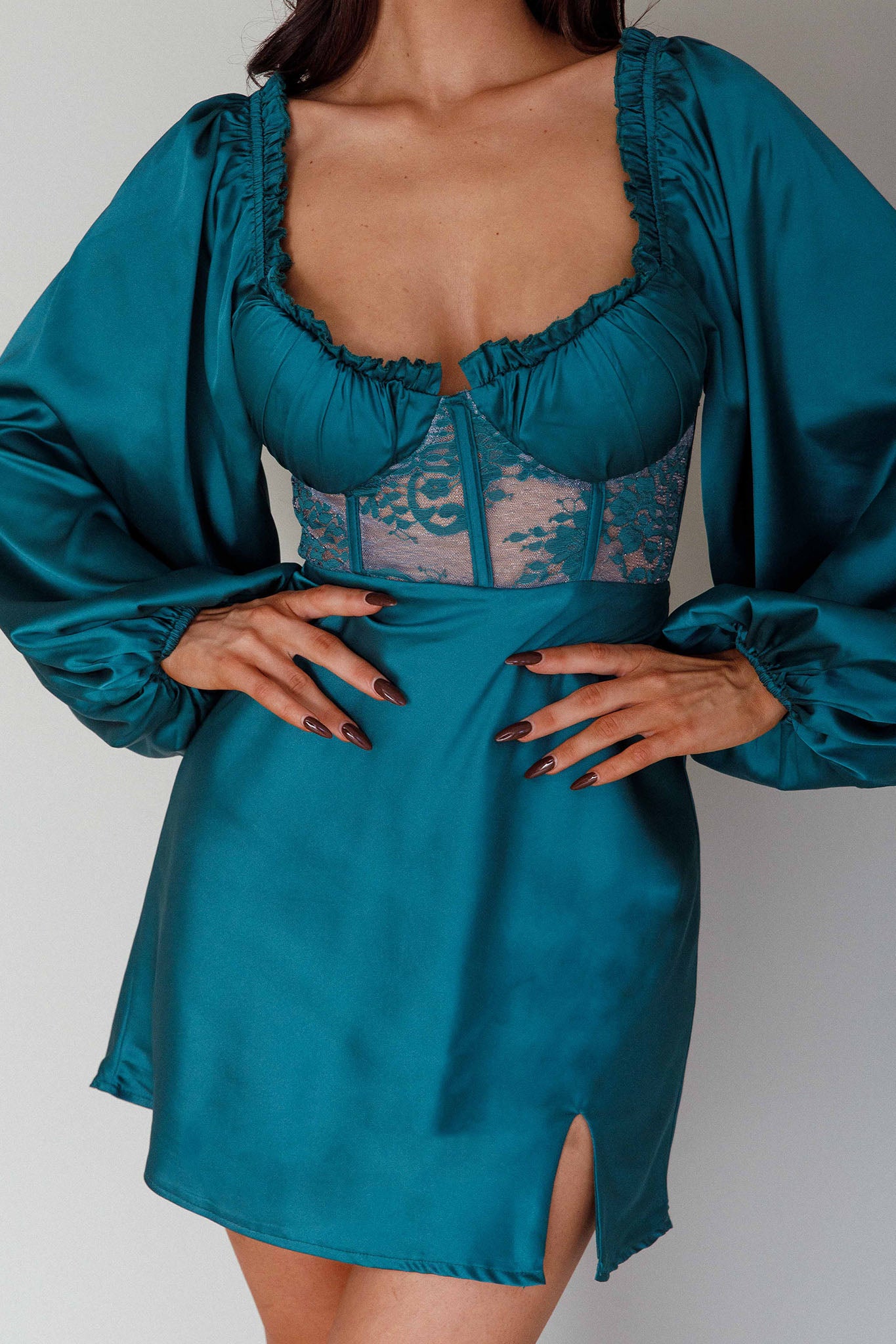 Trophy Long Sleeve Lace Bodice Midi Dress Forest Green by Selfie Leslie