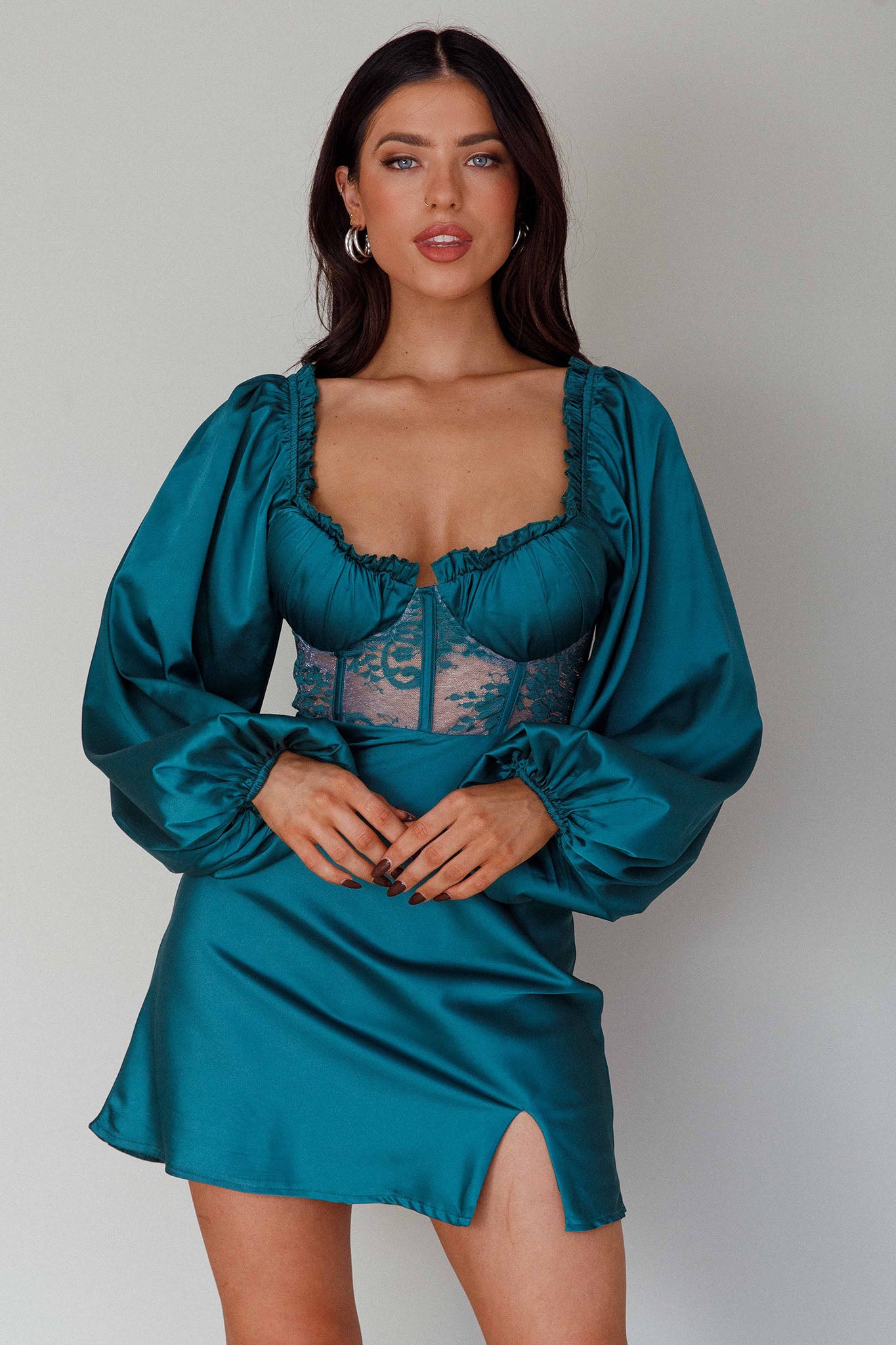 Trophy Long Sleeve Lace Bodice Midi Dress Forest Green by Selfie Leslie