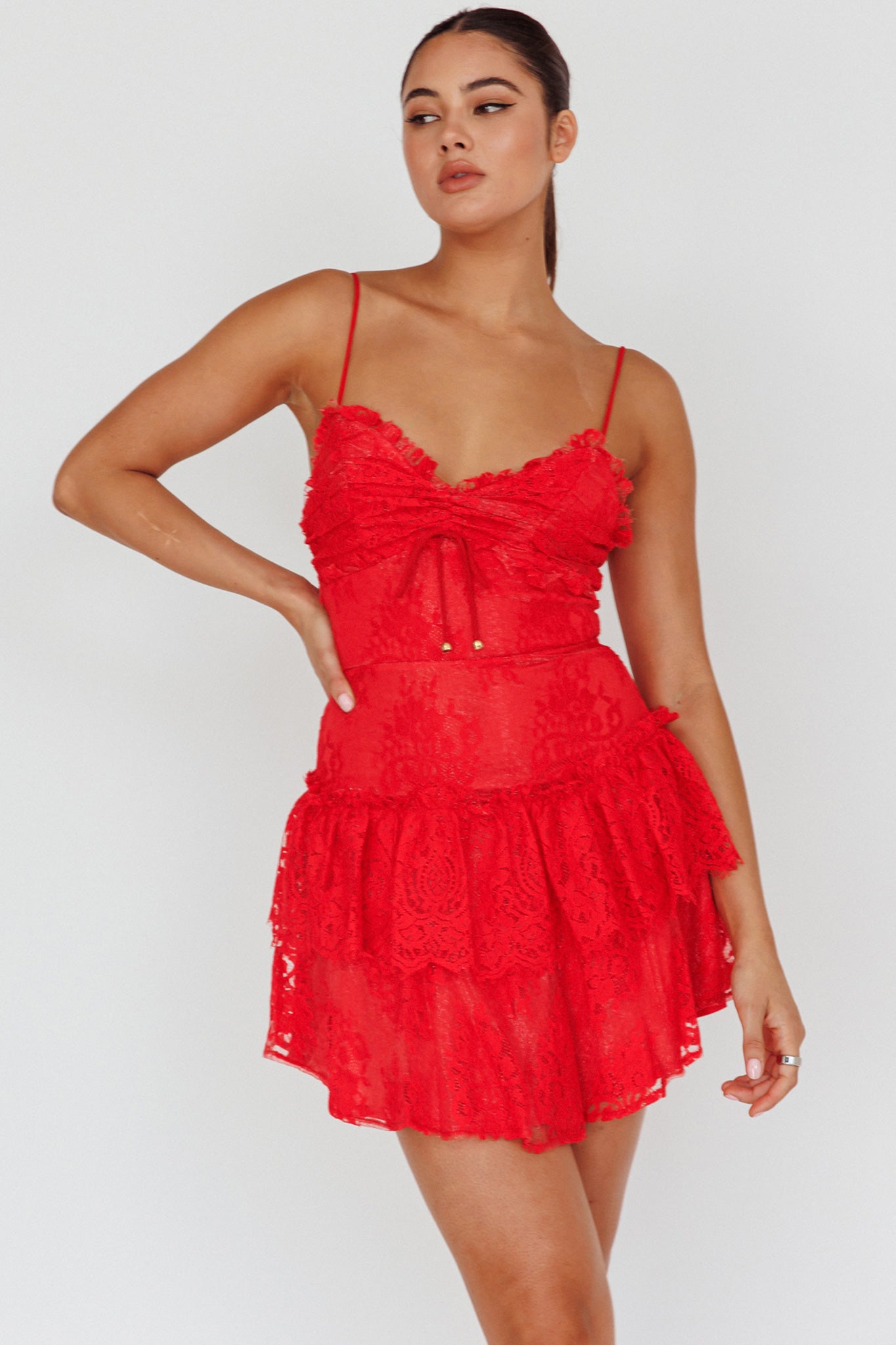 St Tropez Cami Strap Frill Trim Lace Mini Dress Red by Selfie Leslie