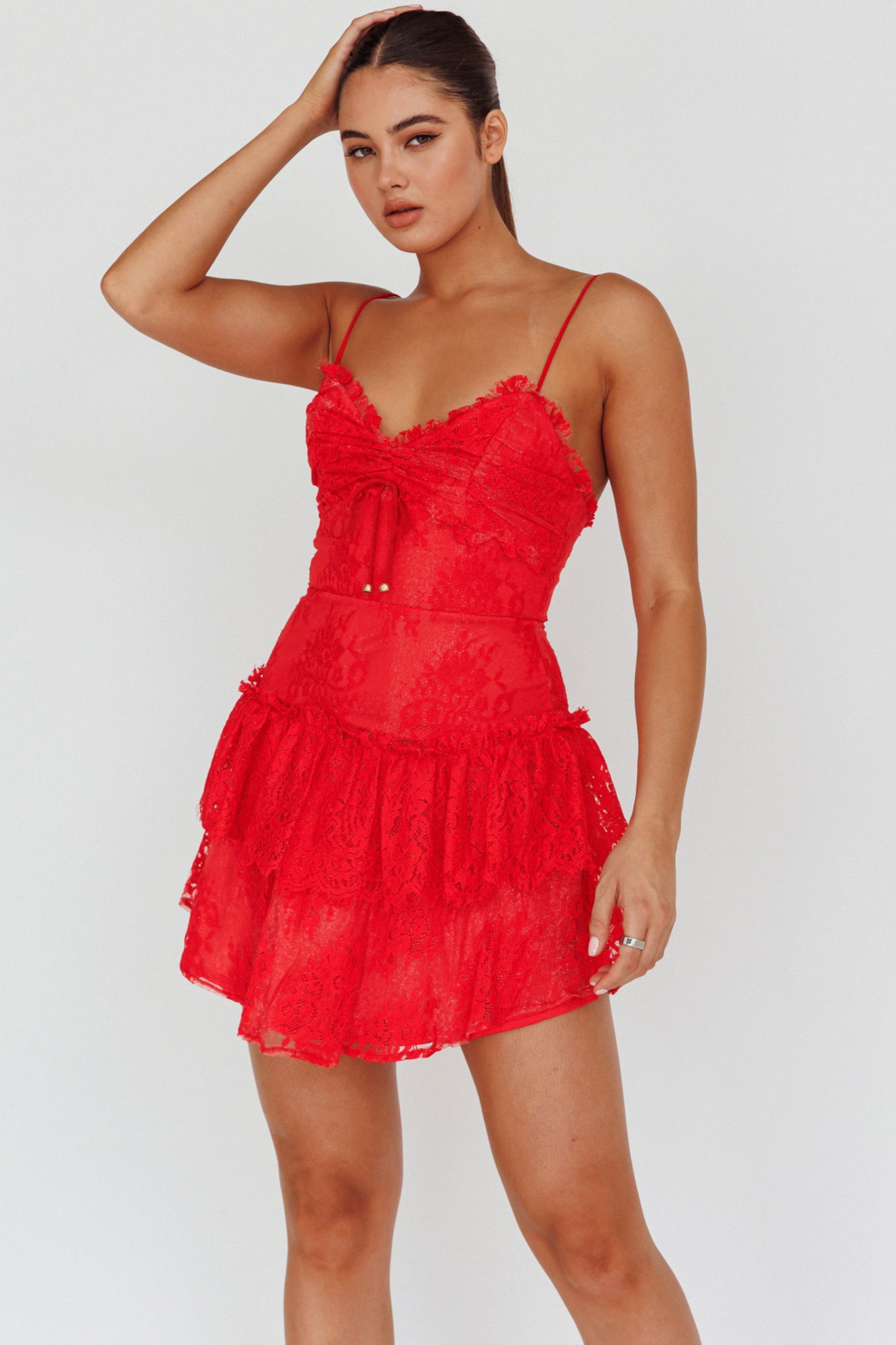 St Tropez Cami Strap Frill Trim Lace Mini Dress Red by Selfie Leslie