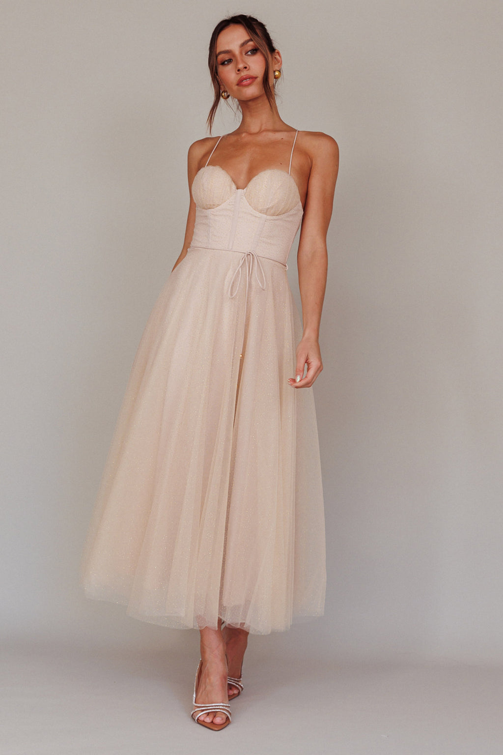 Smitten Sweetheart Neckline Chiffon Midi Dress Champagne by Selfie Leslie