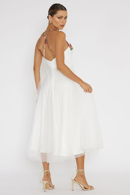 Selah Frill Trim Sweetheart Neckline Dress Floral Print White