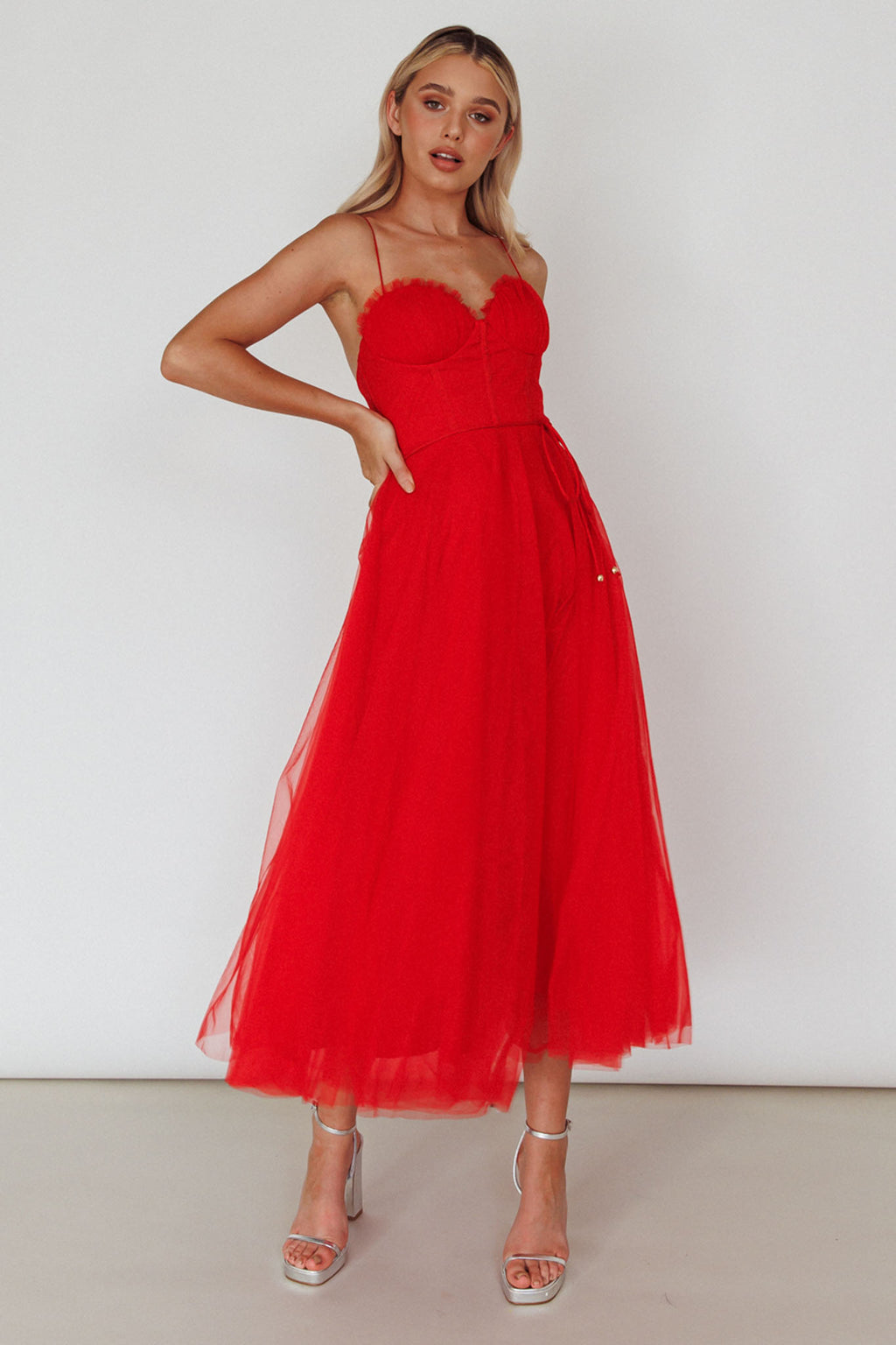 Smitten Sweetheart Neckline Chiffon Midi Dress Red by Selfie Leslie