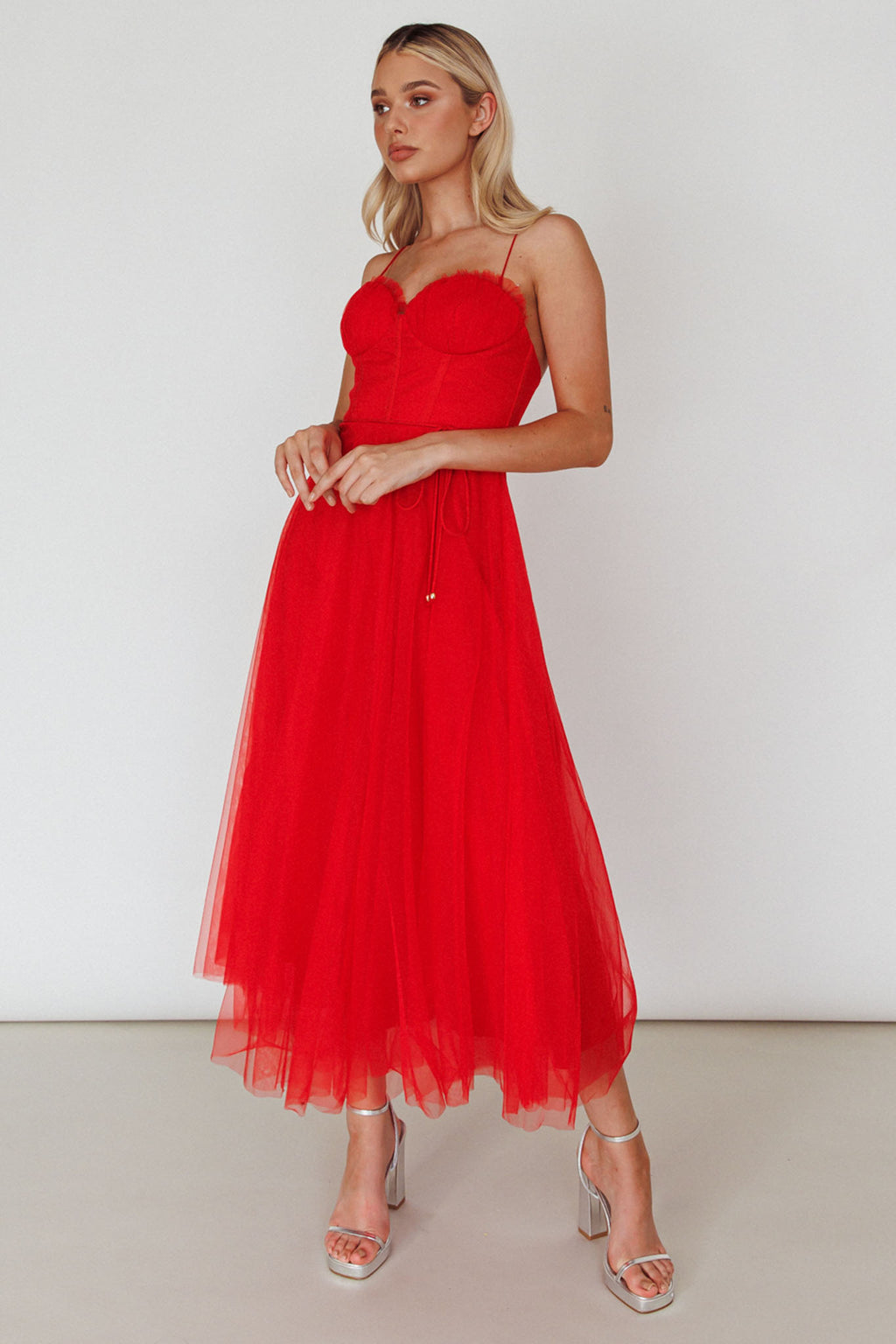 Smitten Sweetheart Neckline Chiffon Midi Dress Red by Selfie Leslie