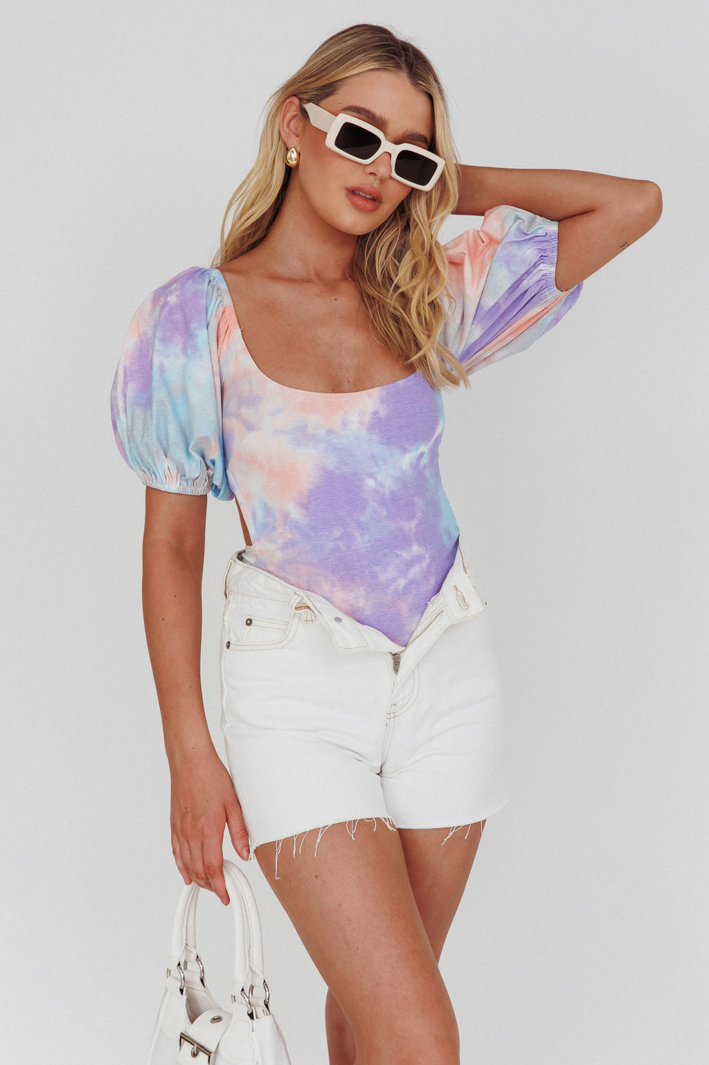 Just A Glimpse Puff Sleeve Open Back Bodysuit Tie-Dye Purple/Blue by Selfie Leslie