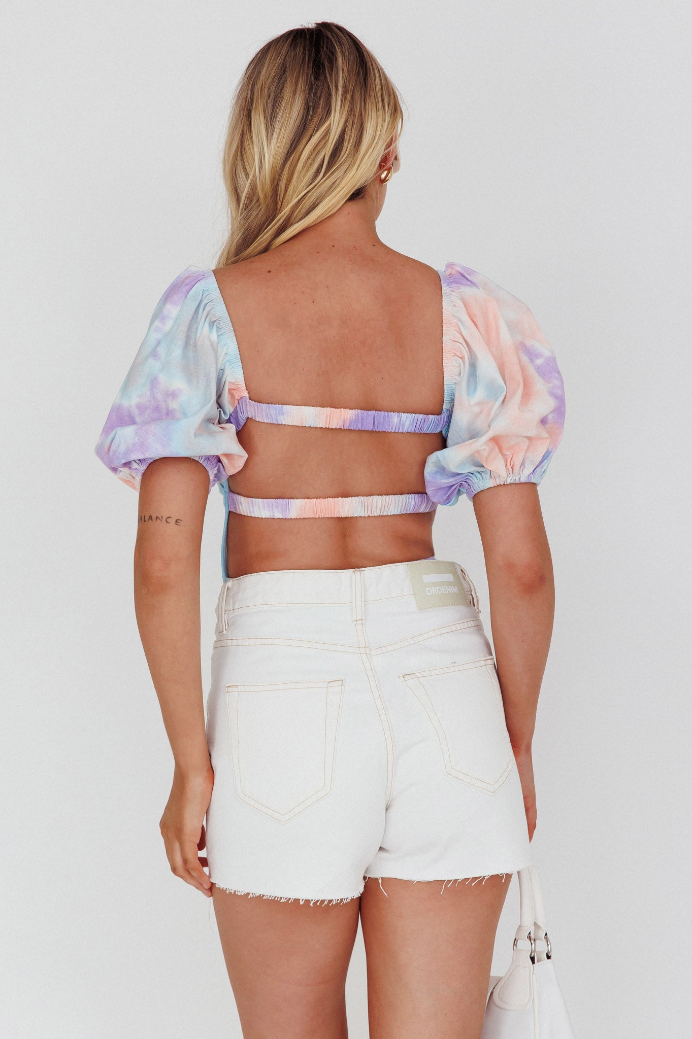 Just A Glimpse Puff Sleeve Open Back Bodysuit Tie-Dye Purple/Blue by Selfie Leslie