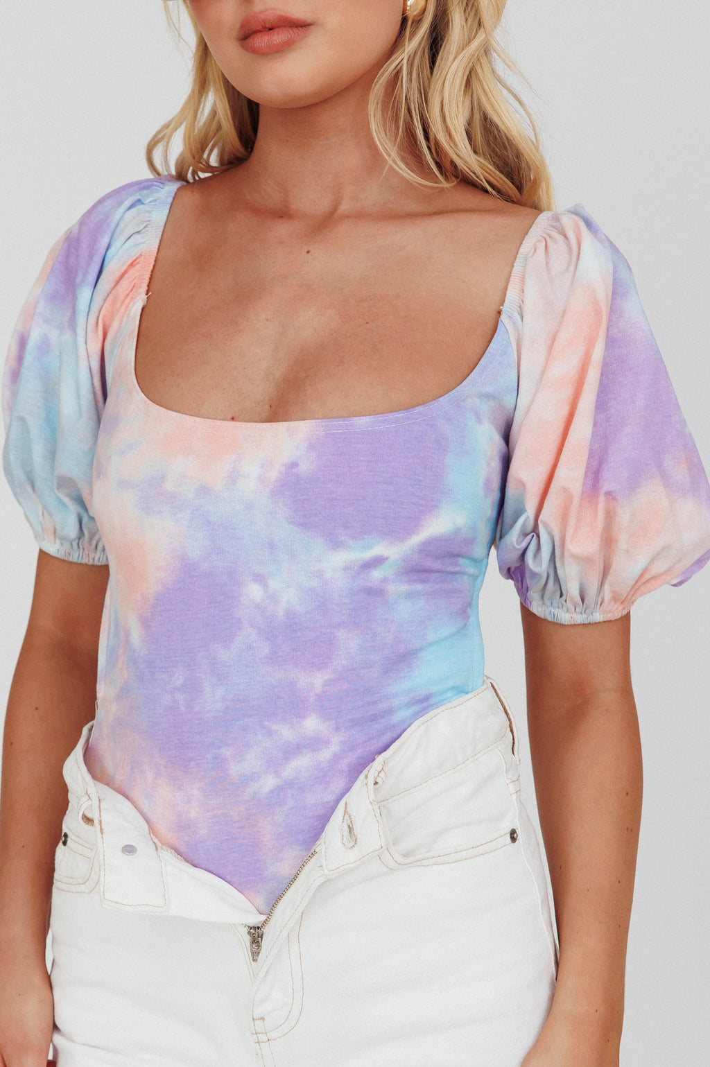 Just A Glimpse Puff Sleeve Open Back Bodysuit Tie-Dye Purple/Blue by Selfie Leslie