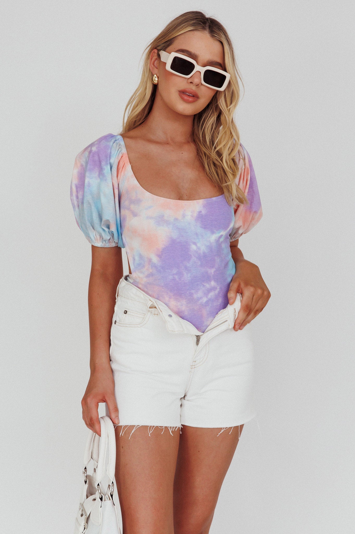 Just A Glimpse Puff Sleeve Open Back Bodysuit Tie-Dye Purple/Blue by Selfie Leslie