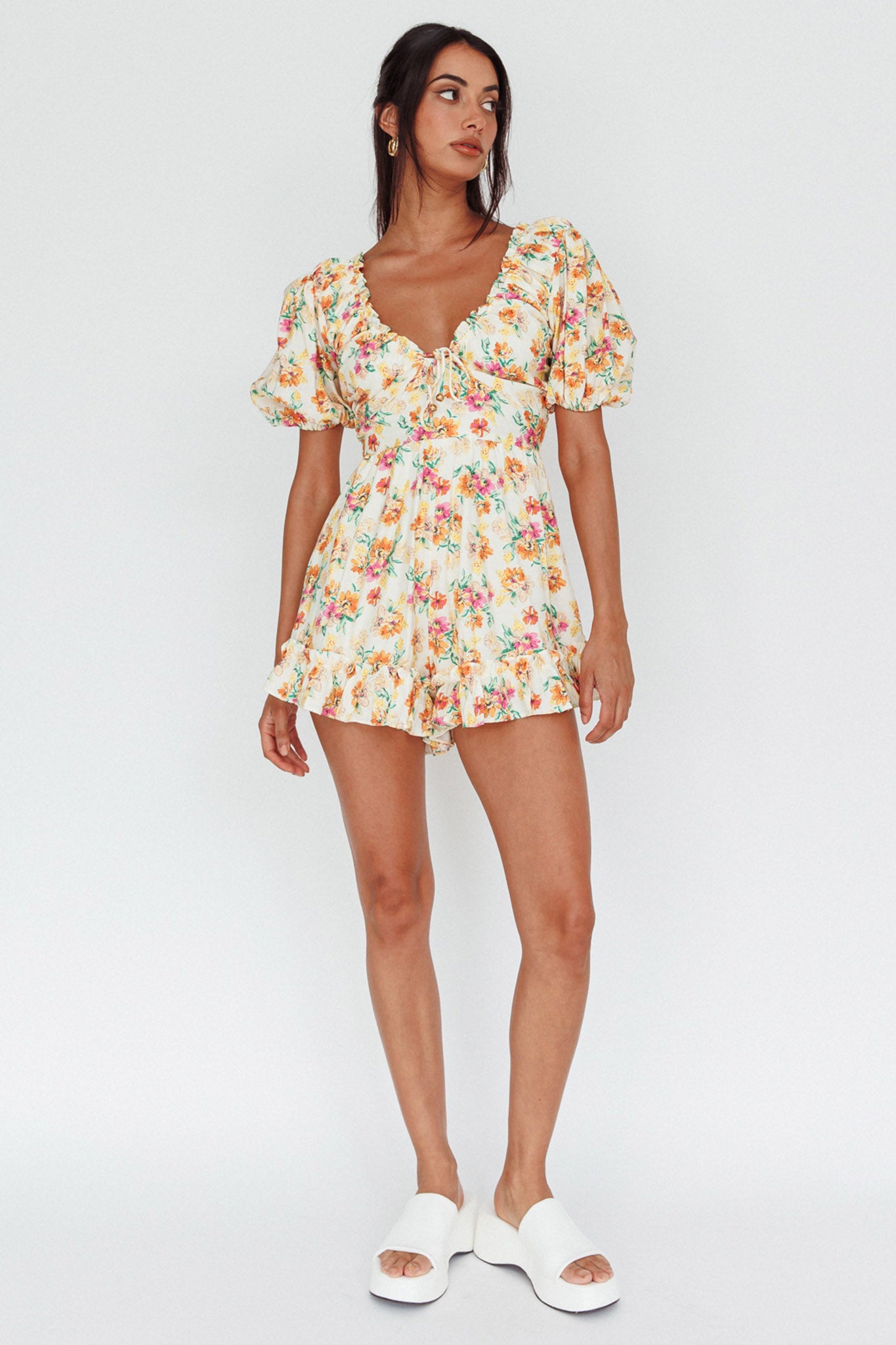 Costa Rica Puff Sleeve Romper Floral Beige by Selfie Leslie