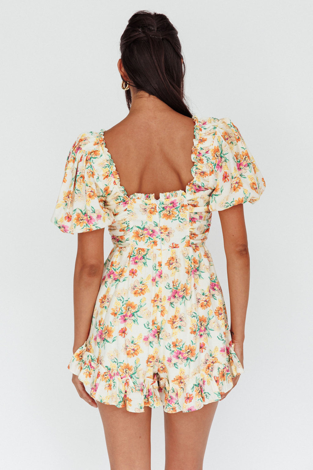 Costa Rica Puff Sleeve Romper Floral Beige by Selfie Leslie