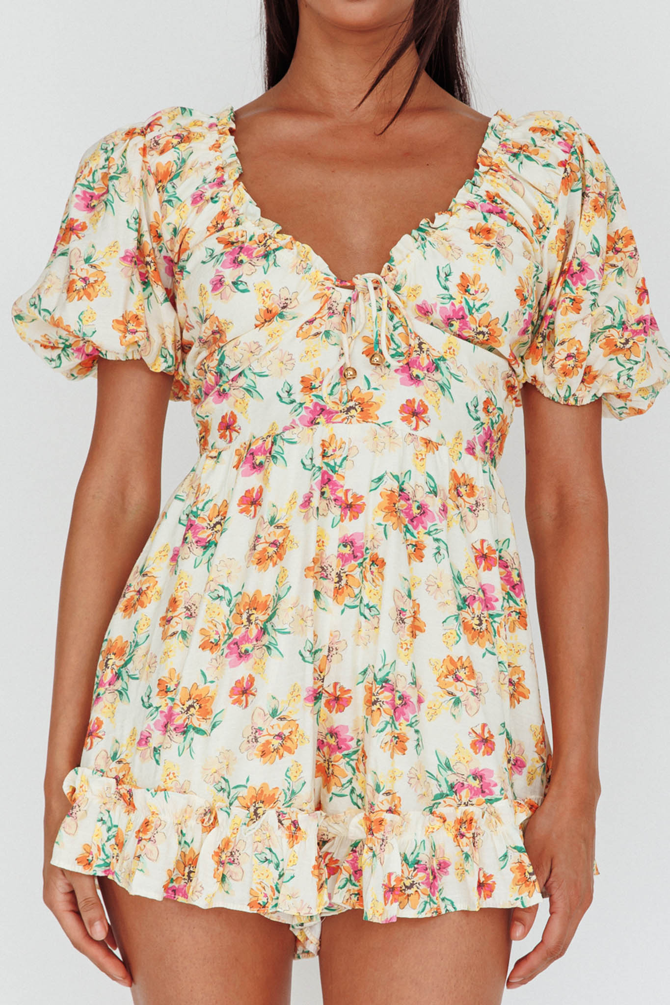 Costa Rica Puff Sleeve Romper Floral Beige by Selfie Leslie
