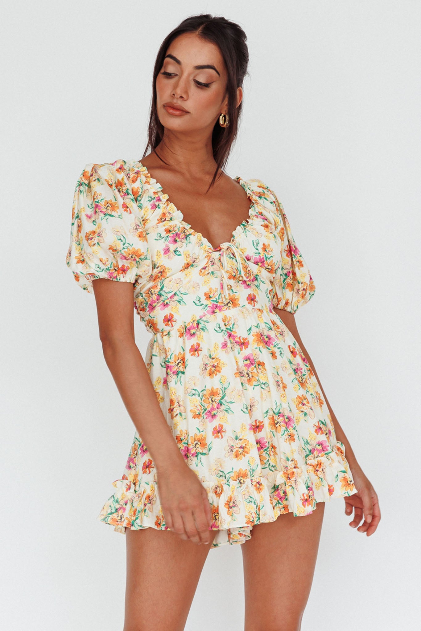 Costa Rica Puff Sleeve Romper Floral Beige by Selfie Leslie