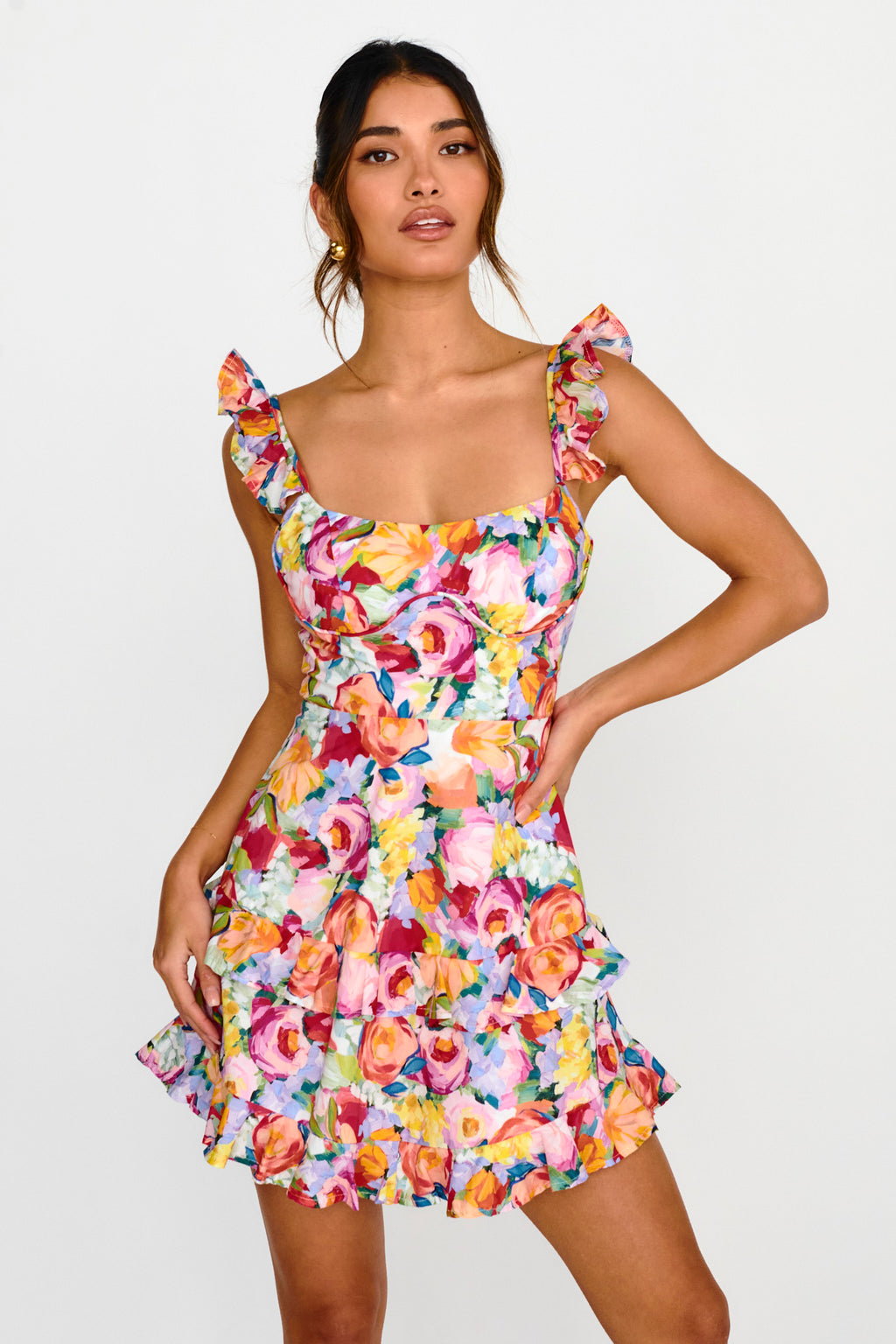 Moonlit Moment Ruffle Trim Lace-Up Back Dress Floral Red by Selfie Leslie