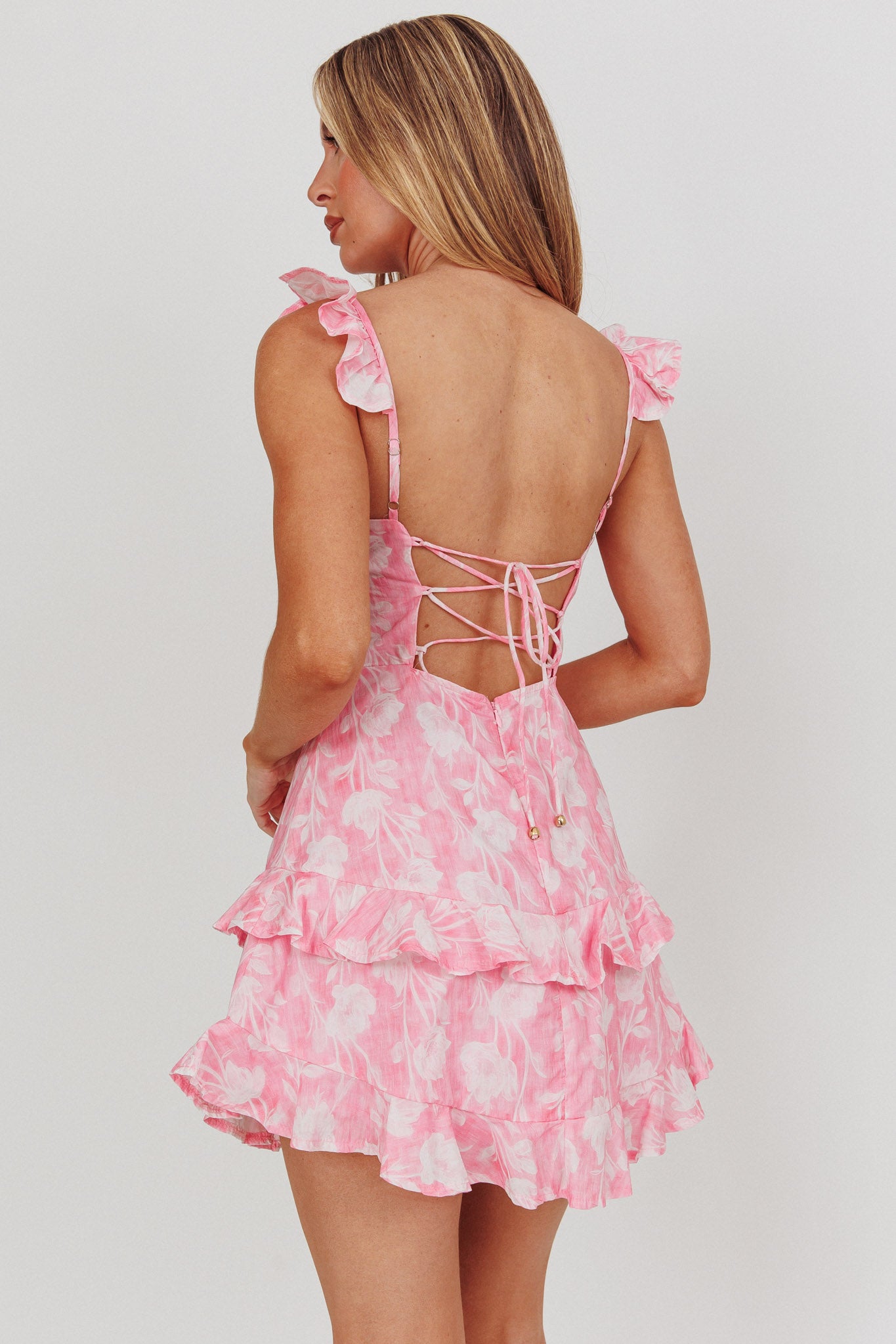 Moonlit Moment Ruffle Trim Lace-Up Back Dress Flowers Pink by Selfie Leslie