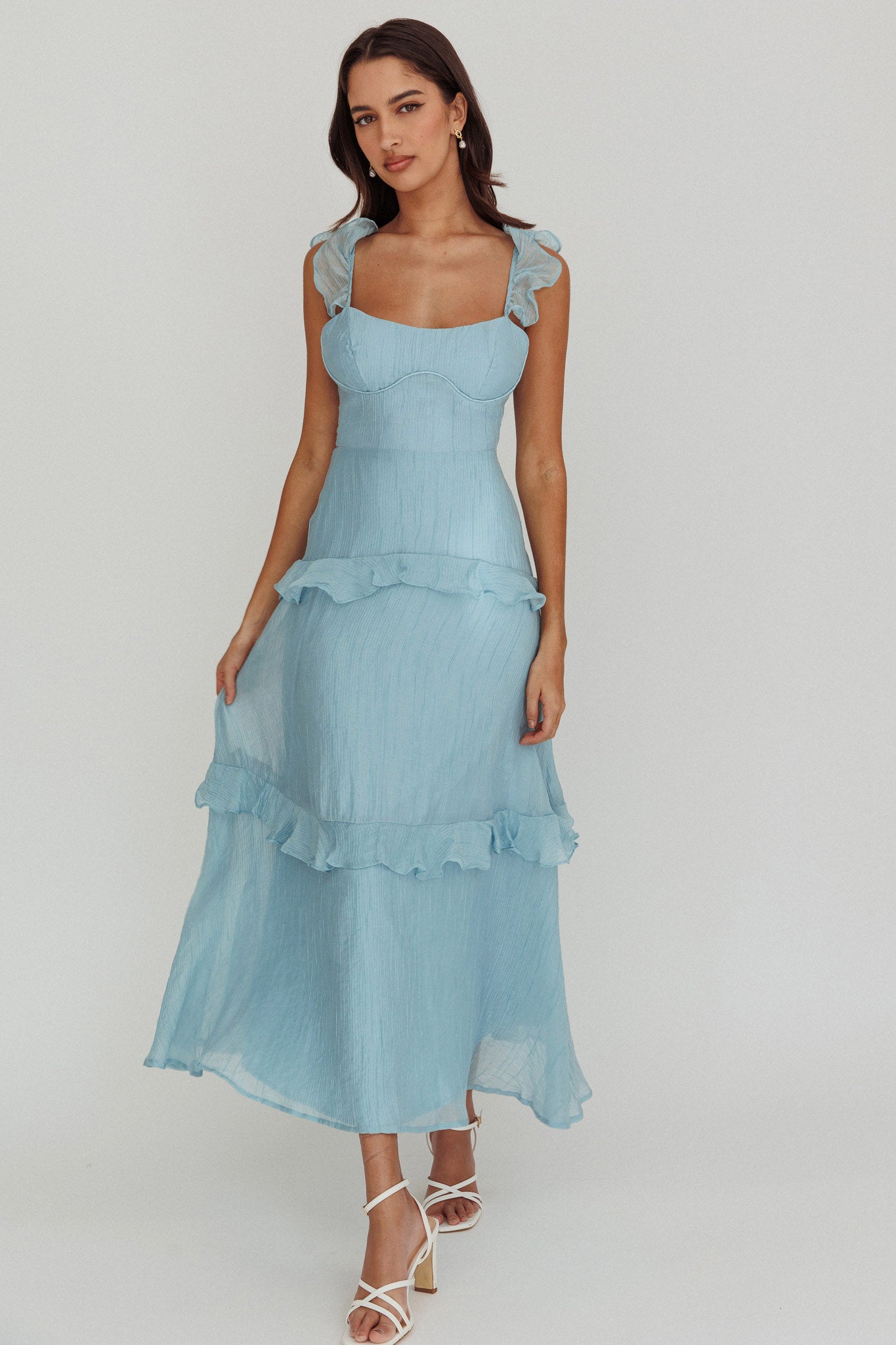Moonlit Moment Ruffle Trim Lace-Up Back Maxi Dress Blue by Selfie Leslie