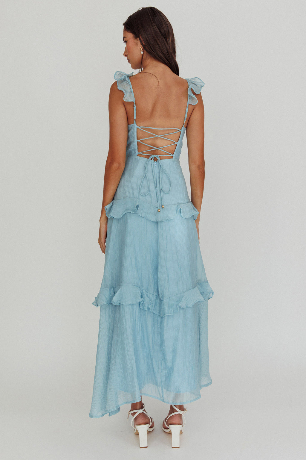 Moonlit Moment Ruffle Trim Lace-Up Back Maxi Dress Blue by Selfie Leslie