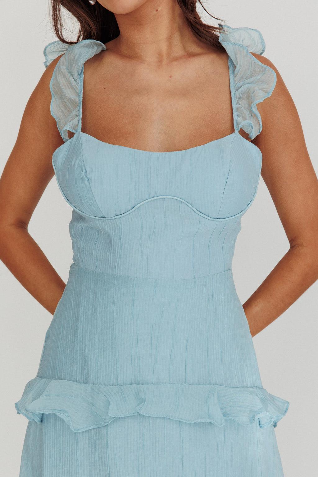 white christmas dresses Moonlit Moment Ruffle Trim Lace-Up Back Maxi Dress Blue