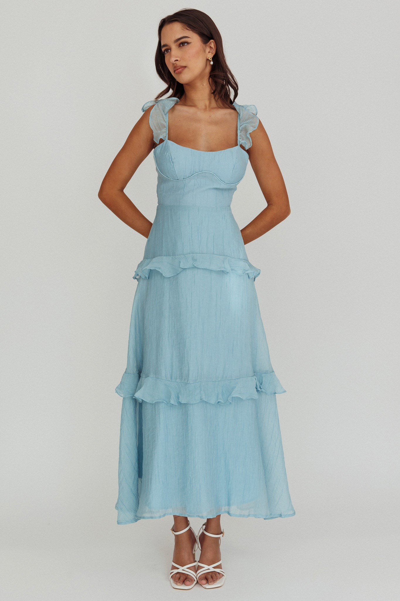 Moonlit Moment Ruffle Trim Lace-Up Back Maxi Dress Blue by Selfie Leslie