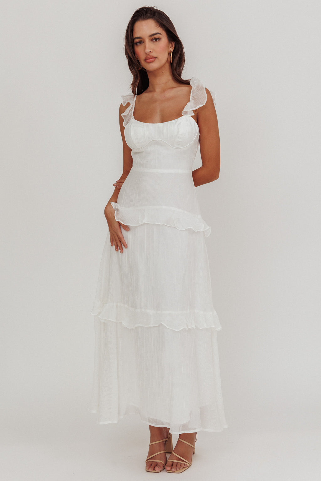 Moonlit Moment Ruffle Trim Lace-Up Back Maxi Dress White by Selfie Leslie