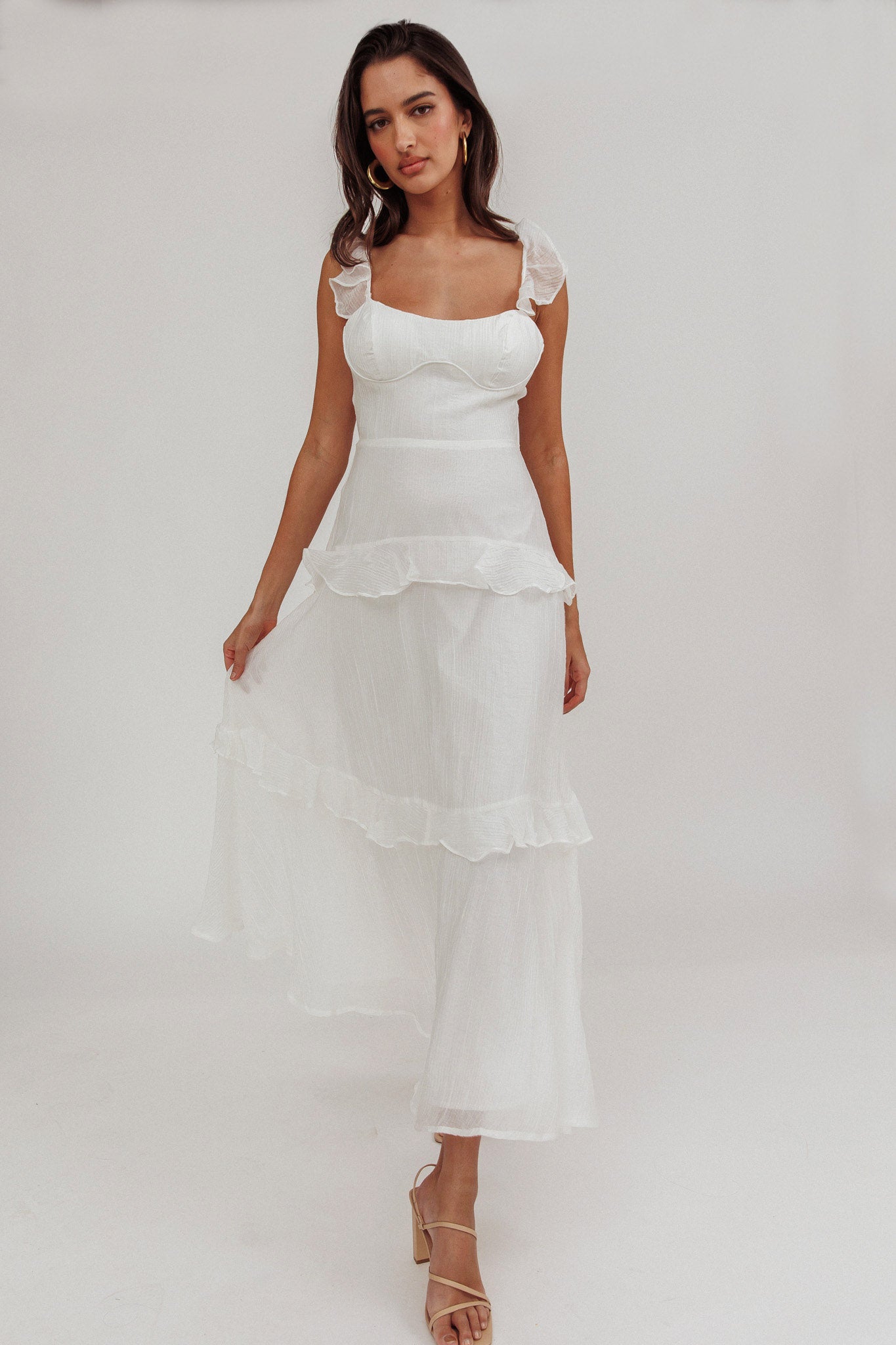 Moonlit Moment Ruffle Trim Lace-Up Back Maxi Dress White | Selfie